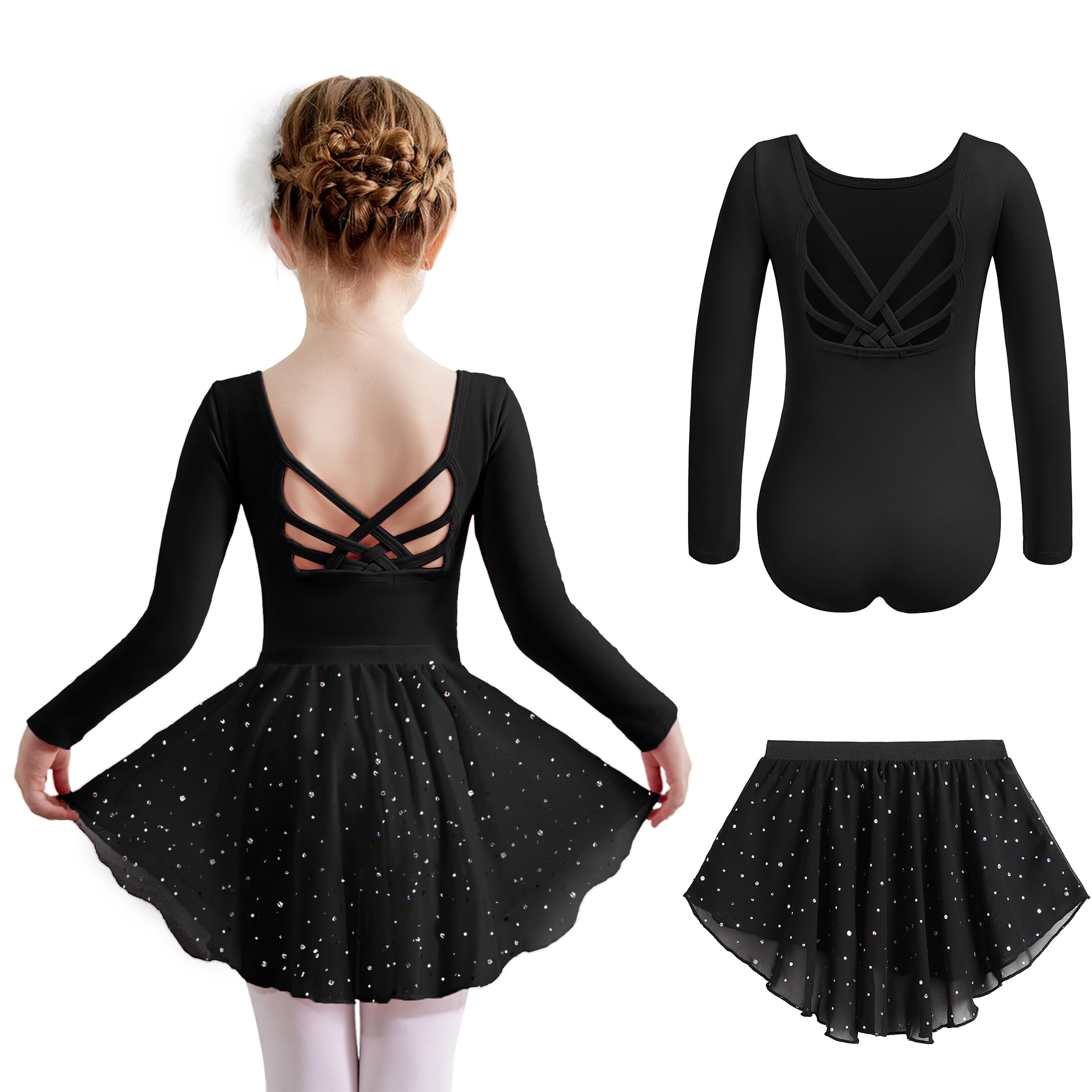 Arshiner Robe De Ballet Filles 2-9 Ans - Justaucorps Coton Manches Courtes Avec Jupe Tutu à Paillettes - Tenue Danse Deux Pièces