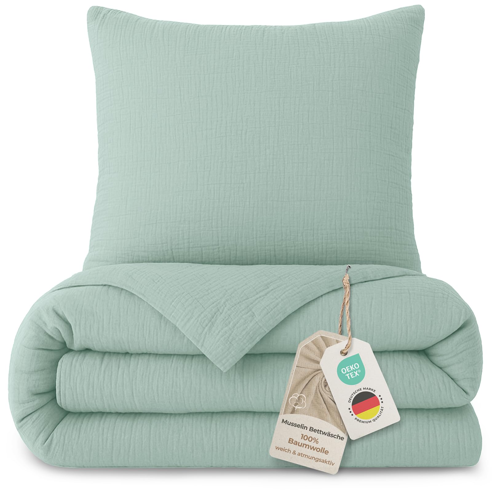 LAYNENBURG Premium Musselin Bettwäsche 155x220 cm + 80x80 cm - Oeko-Tex – 100% Baumwolle – atmungsaktiv & bügelfrei – 3 lagiges Musselin mit Reißverschluss & Haltebändern (mintgrün)