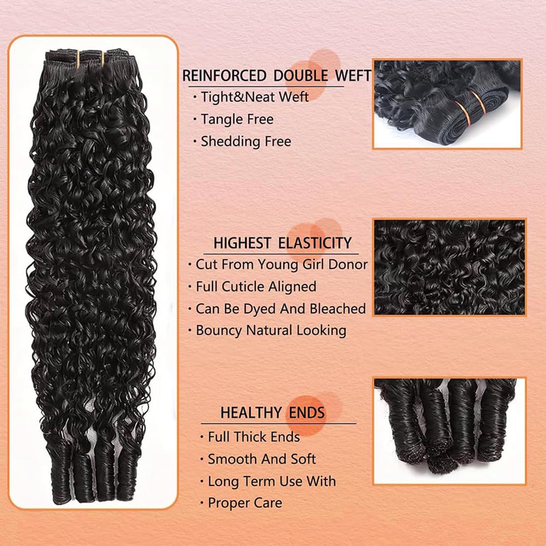 Ciocche di capelli veri burmani ricci ondulati, capelli umani Remy, non trattati, doppia trama, #1B, colore nero naturale, 3 ciocche per confezione, totale 150 g, 40,6 cm, 45,7 cm, 50,8 cm