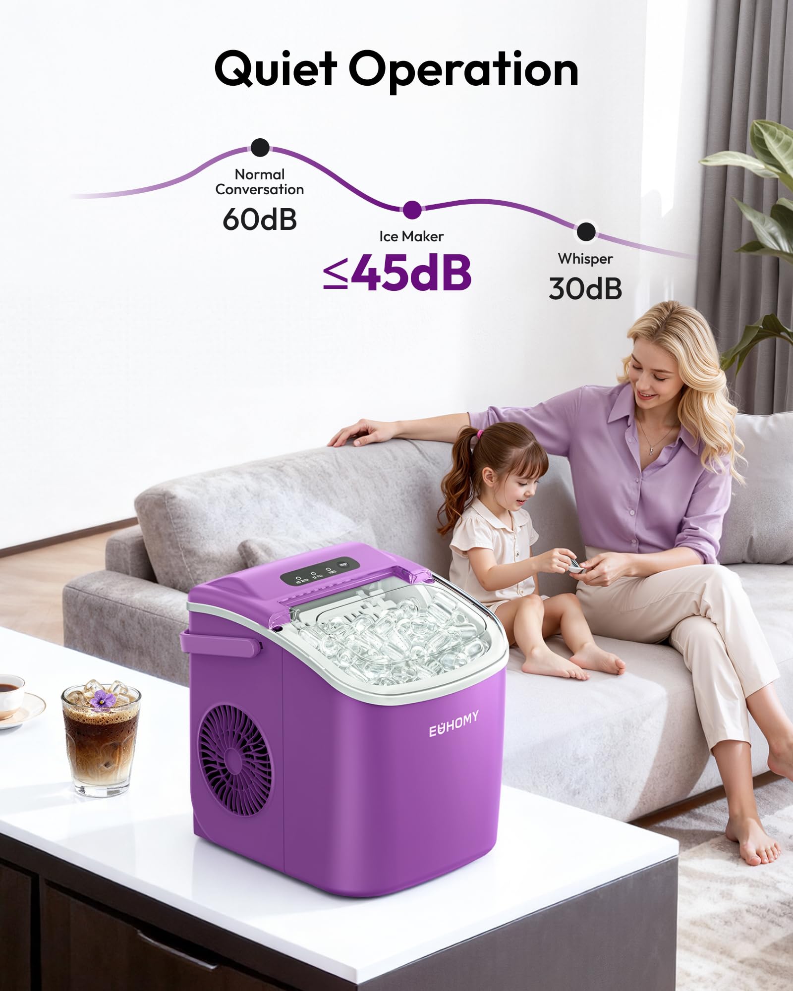 EUHOMY Countertop Ice Maker Machine with Handle, 26lbs Per Day, 9 Ice Cubes Ready in 6 Mins, Auto-Cleaning Portable Ice Maker with Basket and Scoop, for Home/Kitchen/Camping/RV (Purple) view 8