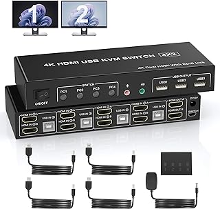 4 Port HDMI Dual Monitor KVM Switch, Supports EDID, 4K 60Hz KVM Switch 2 Monitors 4 Computers, with Audio Microphone Output and 3 USB 2.0 Ports, PC Monitor Keyboard Mouse Switcher for 4 PCs