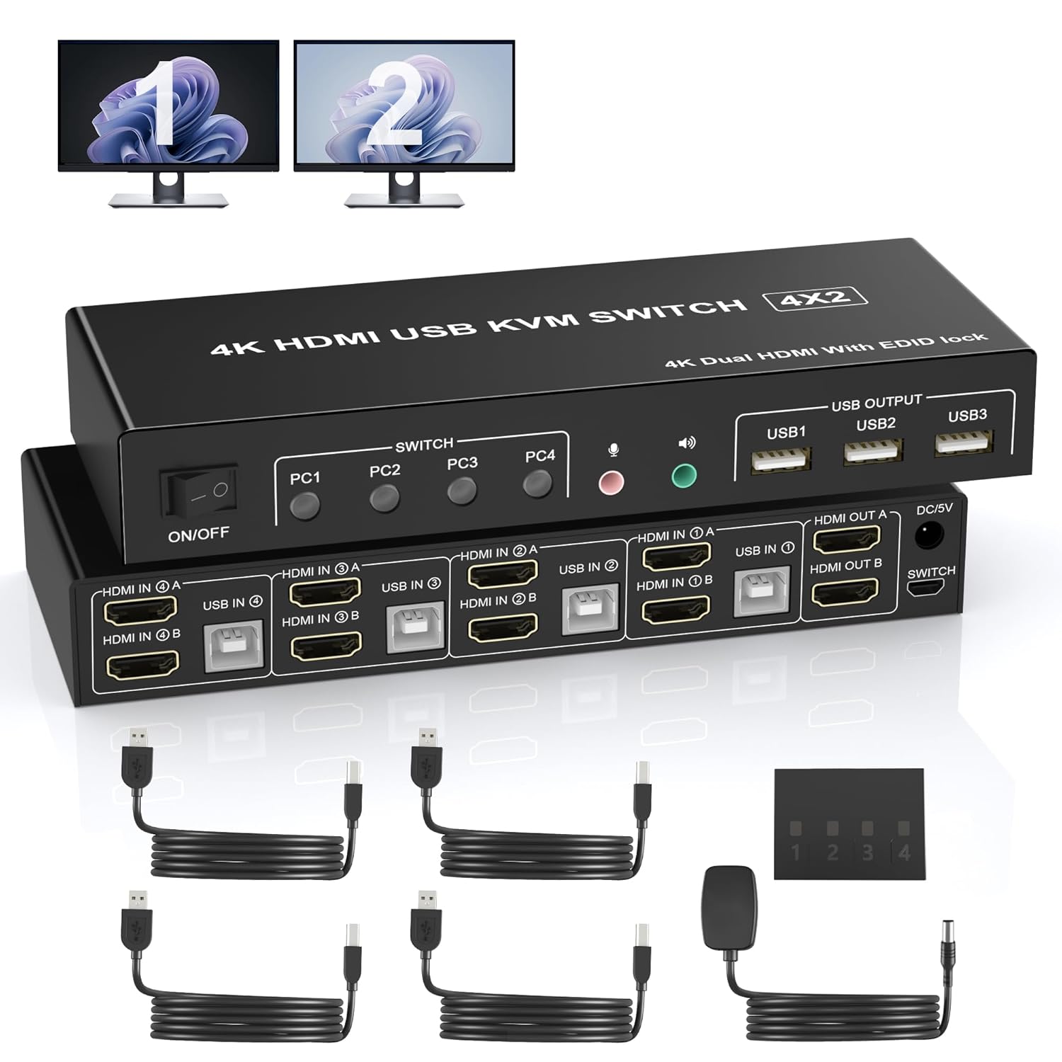 4 Port HDMI Dual Monitor KVM Switch, Supports EDID, 4K 60Hz KVM Switch 2 Monitors 4 Computers, with Audio Microphone Output and 3 USB 2.0 Ports, PC Monitor Keyboard Mouse Switcher for 4 PCs