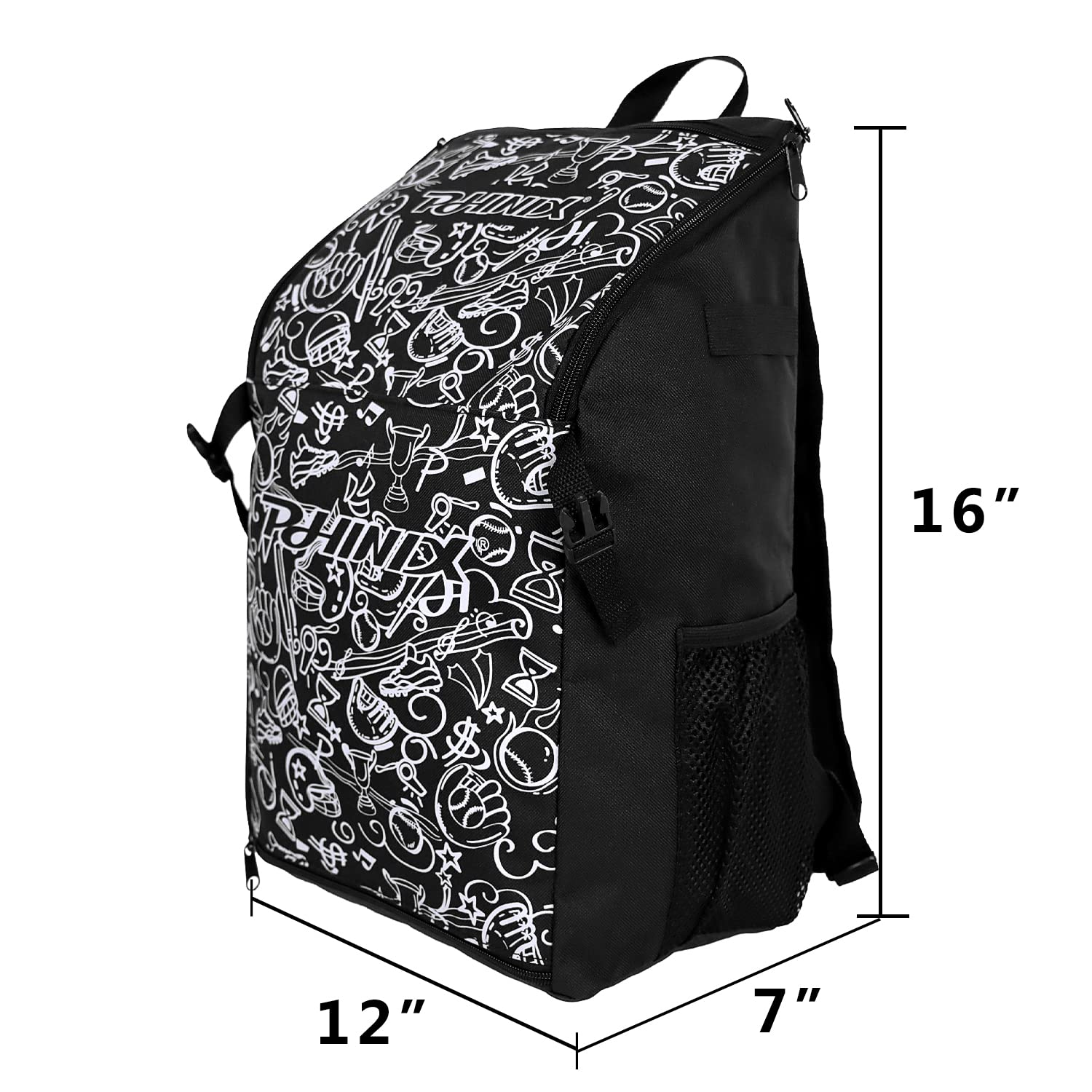 PHINIX Sac à dos de baseball, de T-ball ou de softball avec crochet de clôture pour enfants (noir)