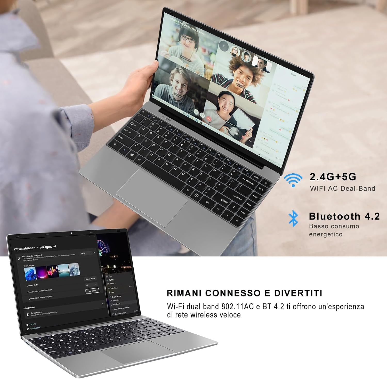 Aocwei PC Portatile Windows Notebook 14 6+64 GB ROM 1080 FHD 2.4G+5G WiFi Celeron N4020 upto 2.8 GHz Supporta lespansione SSD 1TB 4.2 USB HDMI Tastiera italiana membrana mouse senza fili-Grigio