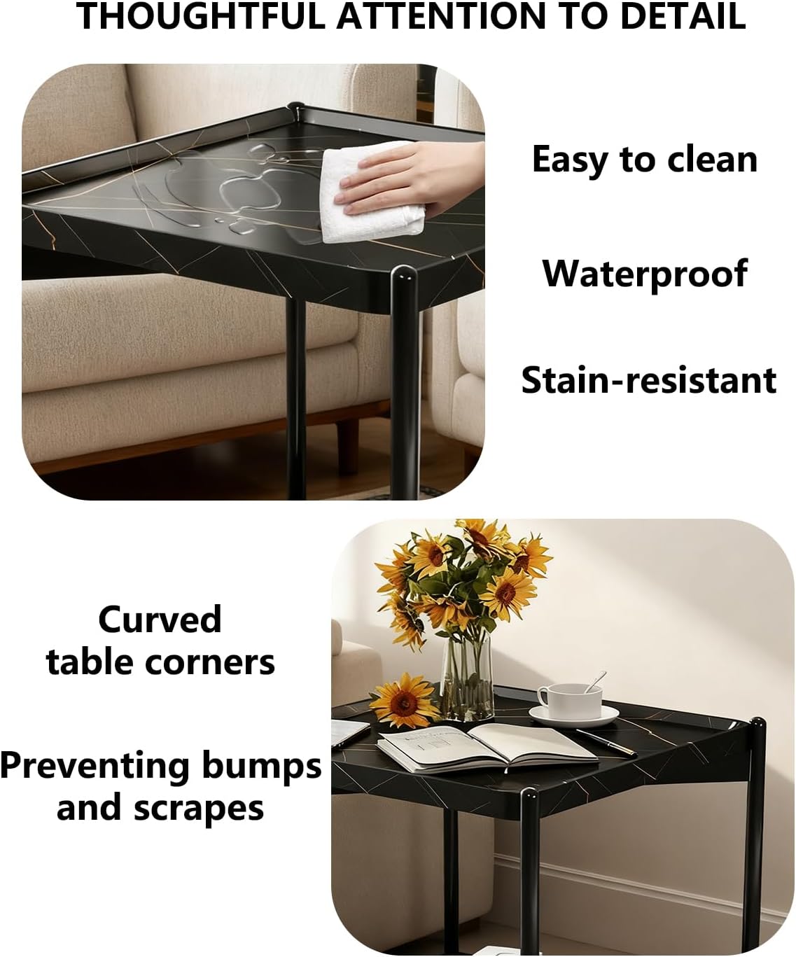 2 Tier Side Table, Small Square End Table with Sturdy Metal Legs, 20 inch Nightstand for Living Room, Bedroom, Office and Small Spaces (Black)