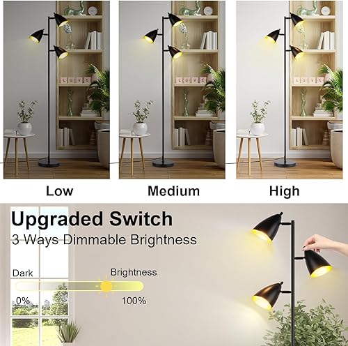 Miniatura 2 de Lámpara de pie de árbol para sala de estar, lámpara de pie industrial de 3 luces con 3 bombillas LED, cabezales de rotación ajustables, lámpara de