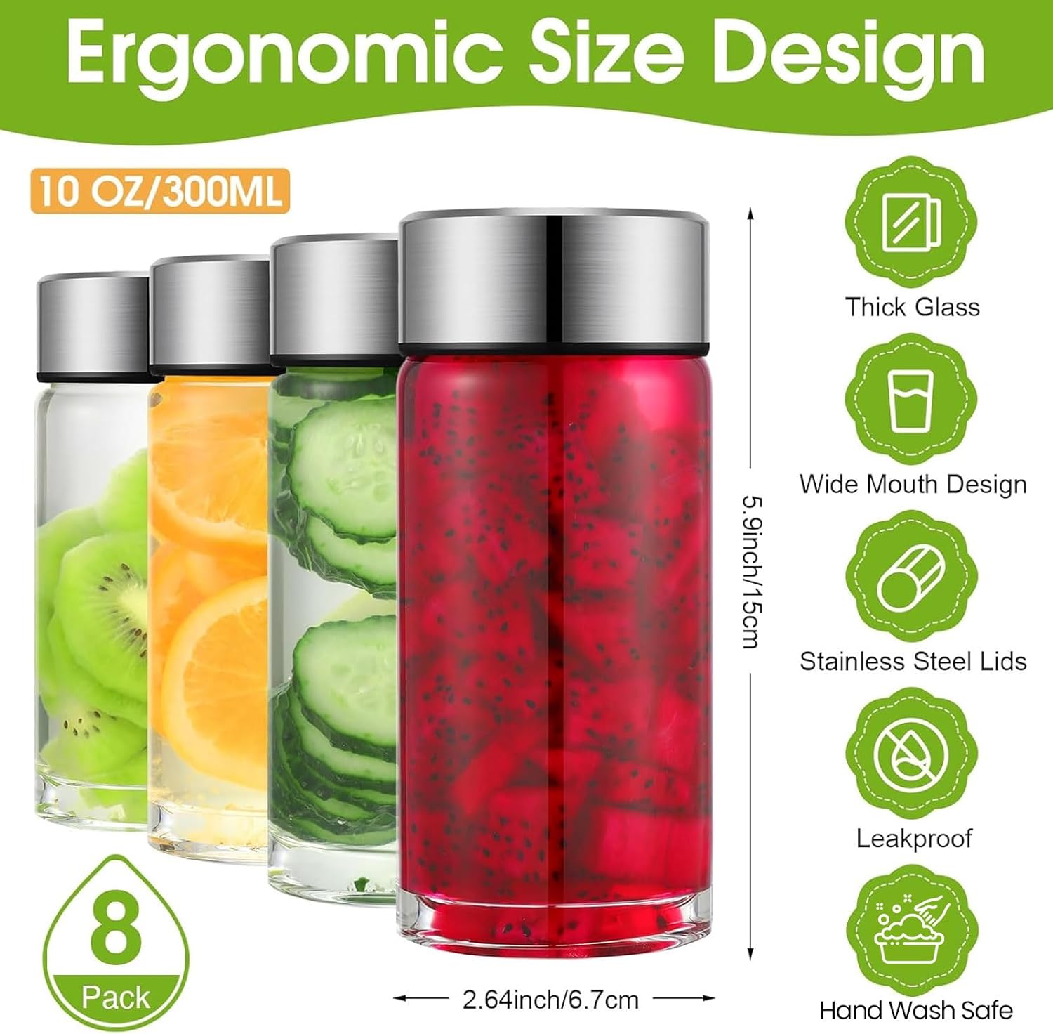 8 Pcs 10 oz Wide Mouth Glass Water Bottles Reusable Glass Juice Bottles with Lids Leakproof Juicing Jars with Silver Lids for Fridge Milk Juicing Smoothies Infused Water Beverage Kombucha Tea Drinking