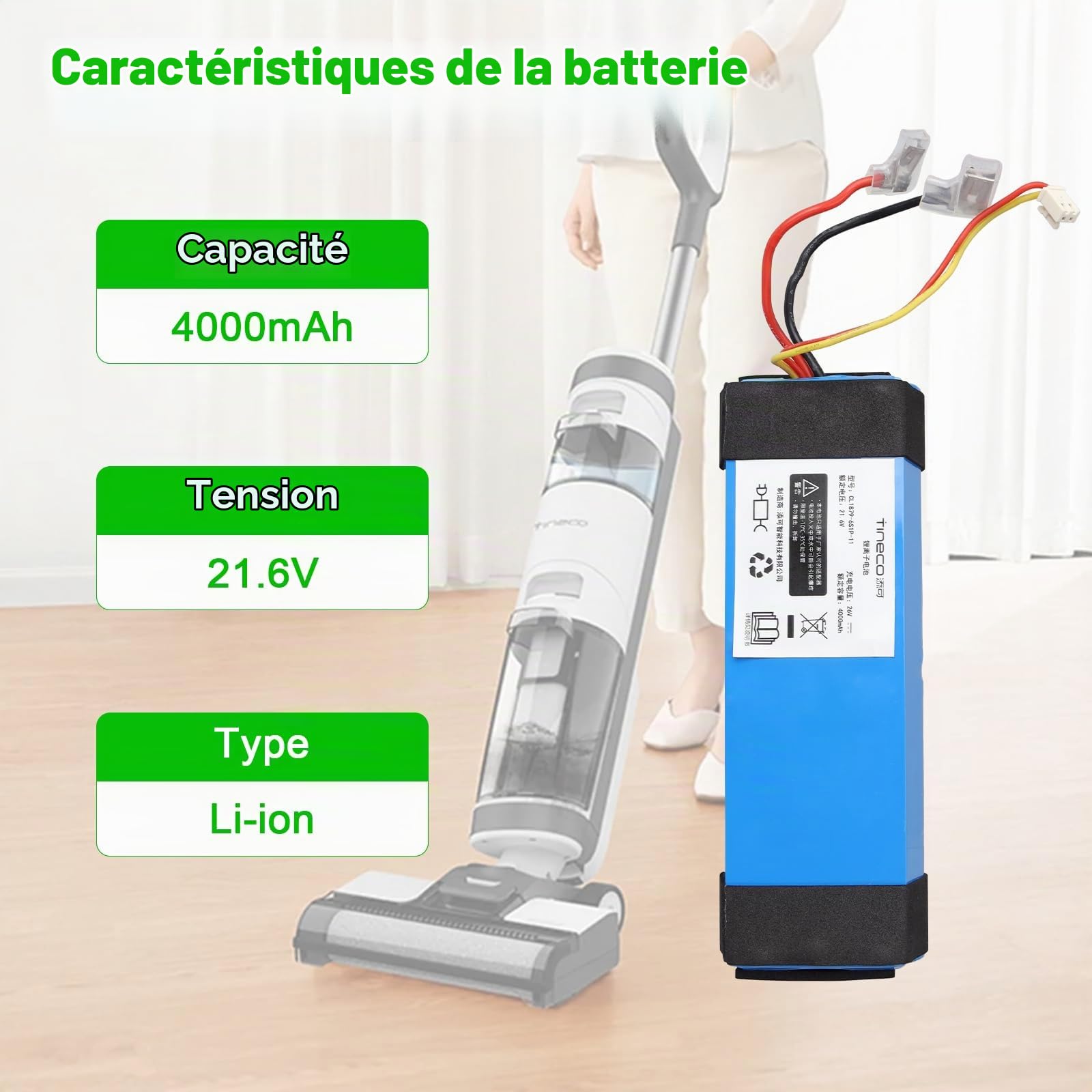 21.6V 4000mAh Batterie de Remplacement Lithium-ION Compatible avec Tineco iFloor 3, Floor One S3, Floor One S3 Breeze sans Fil Aspirateur à Sec Humide sans Capacité