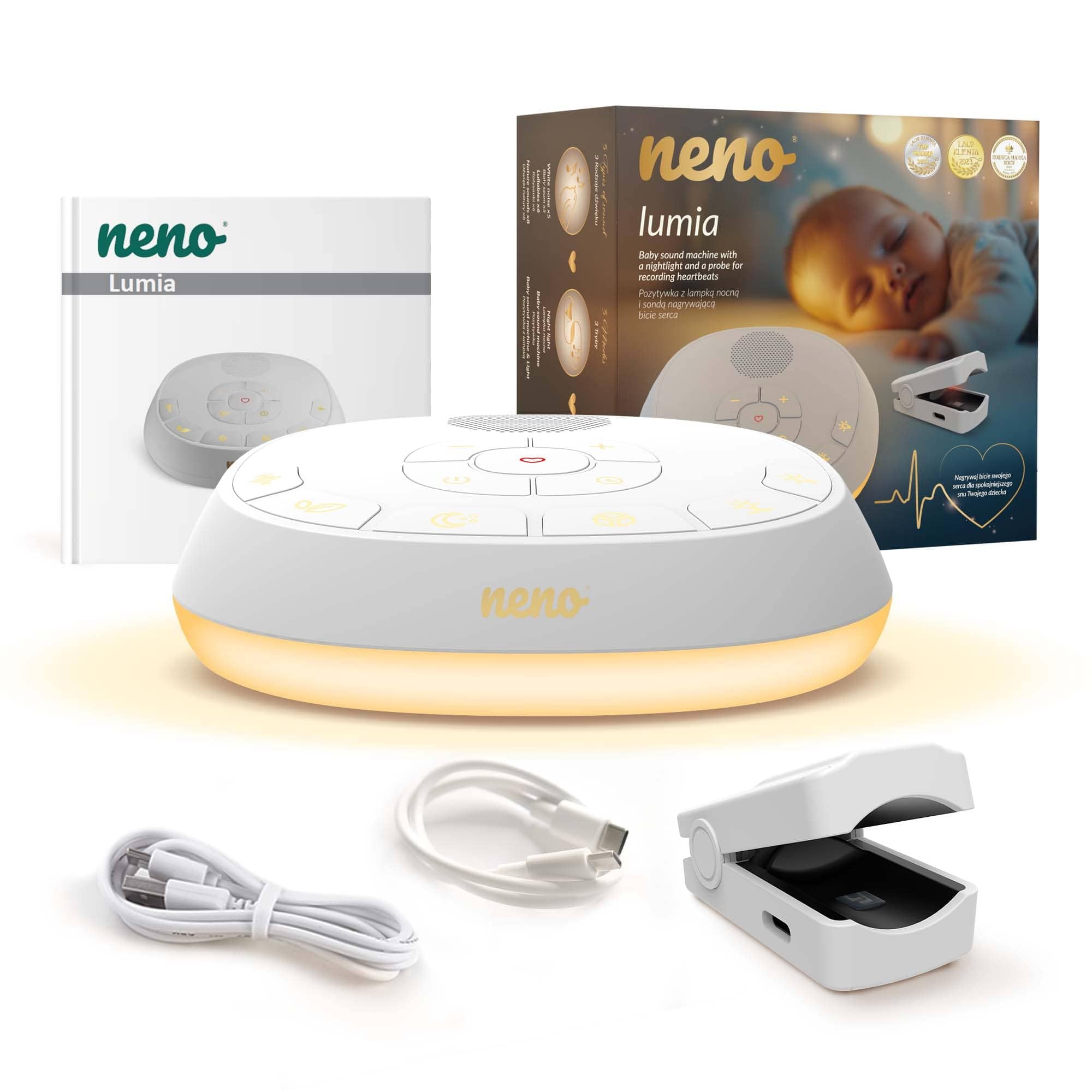Neno Lumia White Noise Machine Baby - Weißes Rauschen mit Einschlafmusik - Einschlafhilfe Babys mit Nachtlicht - Naturgeräusche Box mit Stilllicht und Herzschlag-Aufnahmefunktion