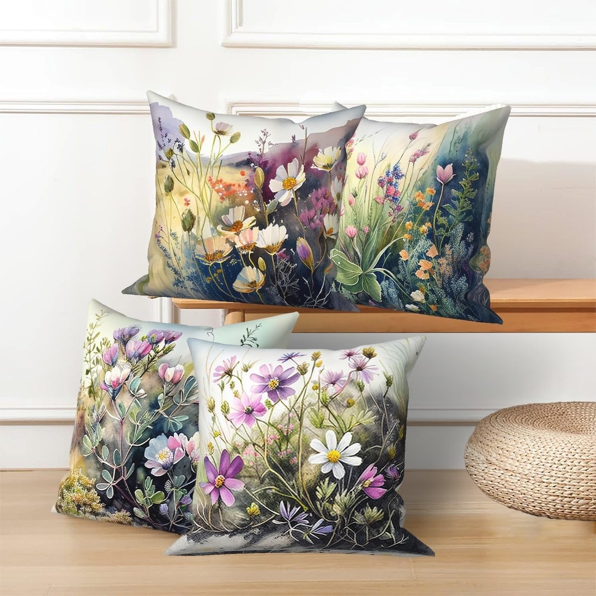 Wild Flower Throw Pillow Covers 22''x22'' Set of 4, Spring Blooming Floral Garden Pillowcases Colorful Printed Cushion Covers for Couch Sofa Home Bedroom Farmhouse Livingroom Patio Car