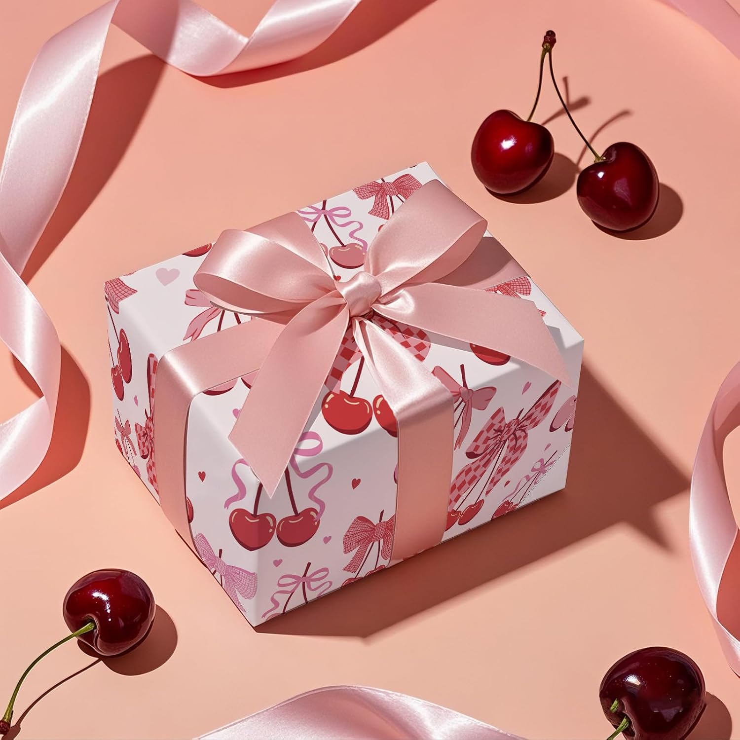 RUSPEPA Cherry Bow Wrapping Paper Roll, Valentine Gift Wrap, Pink and Red Wrap Paper for Girl Birthday, Valentine's Day, Bachelorette, Galentines, 17 Inch x 16.4 Feet