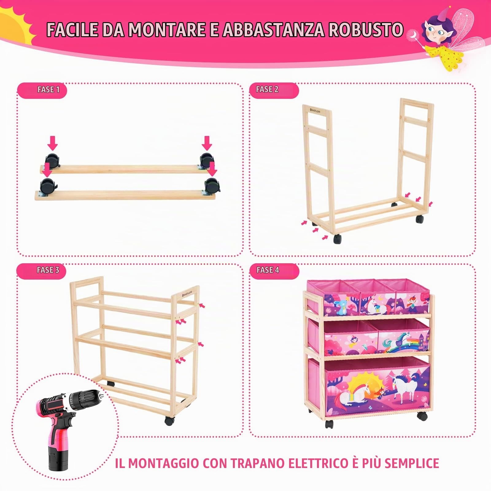 Organizer Per Giocattoli Per Bambini Con 6 Contenitori E Ruote,Scaffale Per Giocattoli