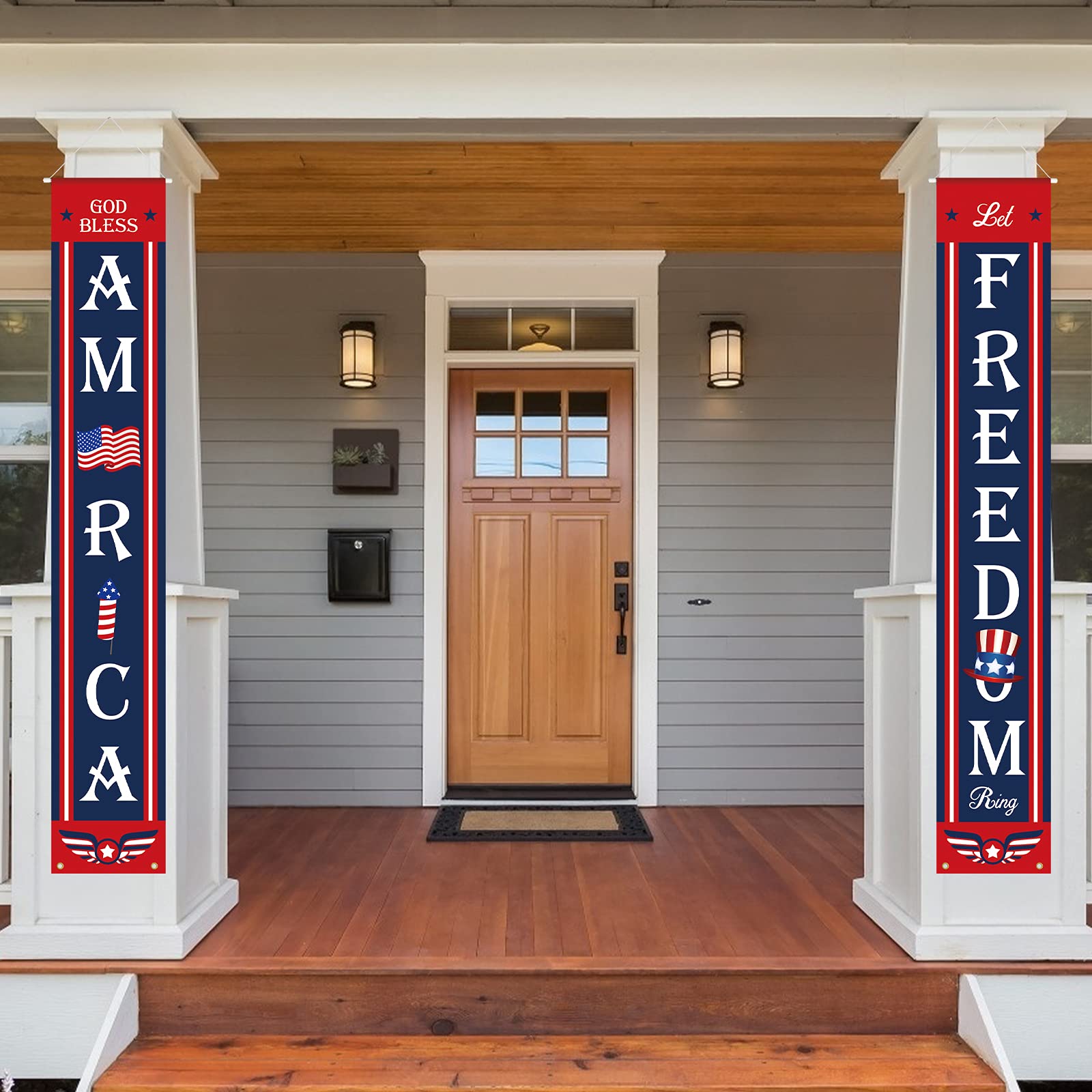 SUNKIM VeteransDay 4th of July Porch Decorations Patriotic Porch Sign Independence Day Door Decoration "GOD Bless America”“Let Freedom Ring"Fourth of July Memorial Day Hanging Banner Flag Labor Day Indoor Outdoor