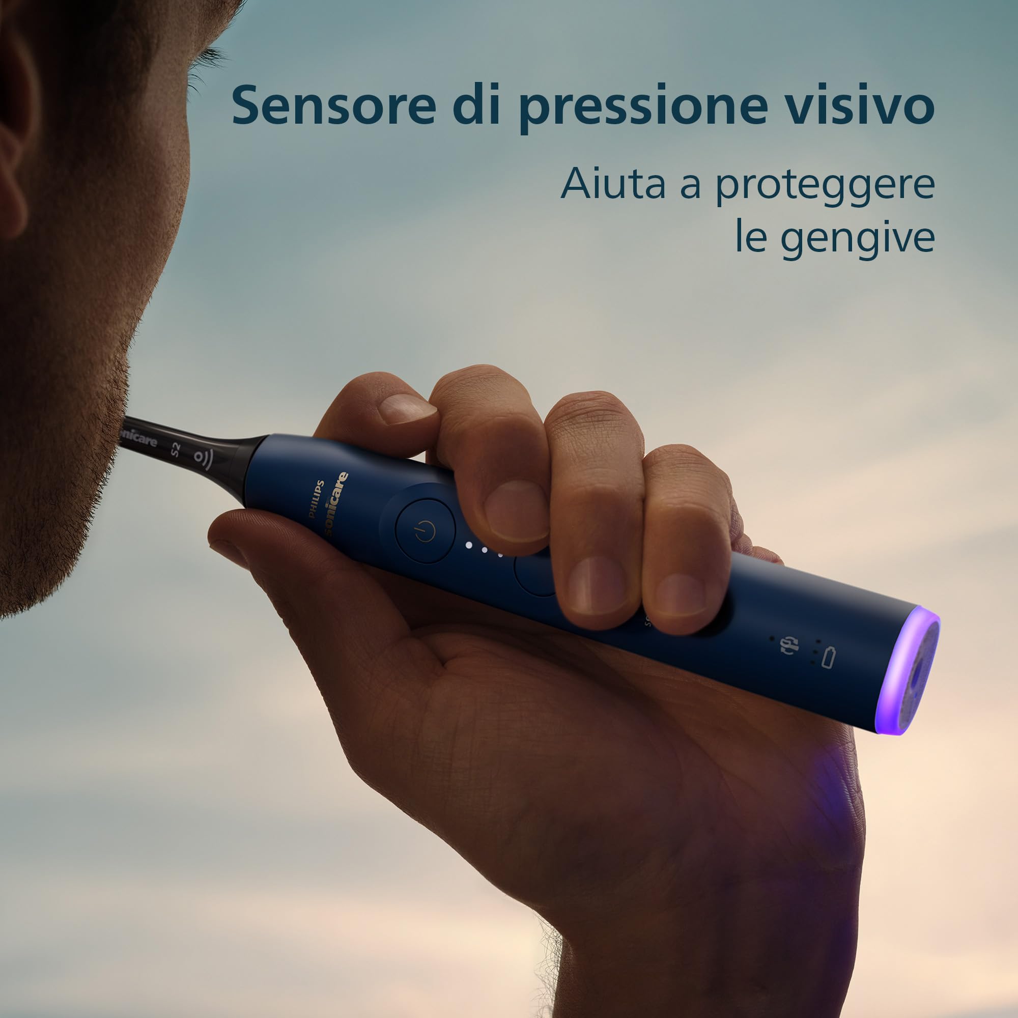 Spazzolino elettrico Philips Sonicare serie 6100 - tecnologia Next Generation Sonicare, sensore di pressione, 6 impostazioni, SmarTimer, BrushPacer, autonomia 21 giorni, custodia, blu navy, HX7403/07