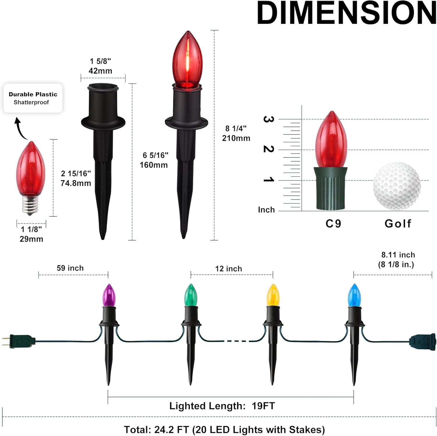 C9 Christmas Pathway Lights Outdoor - 24.2 Feet 20 LED String Lights with Stakes, Waterproof Connectable Christmas Path Lights for Yard, Garden, Walkway, Driveway, Sidewalk Decoration, Multicolored