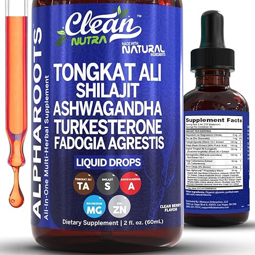 Gotas líquidas de Tongkat Ali, Shilajit, Ashwagandha, Turkesterone, Fadogia Agrestis, Magnesio, Musgo marino irlandés y Zinc - Suplemento herbal