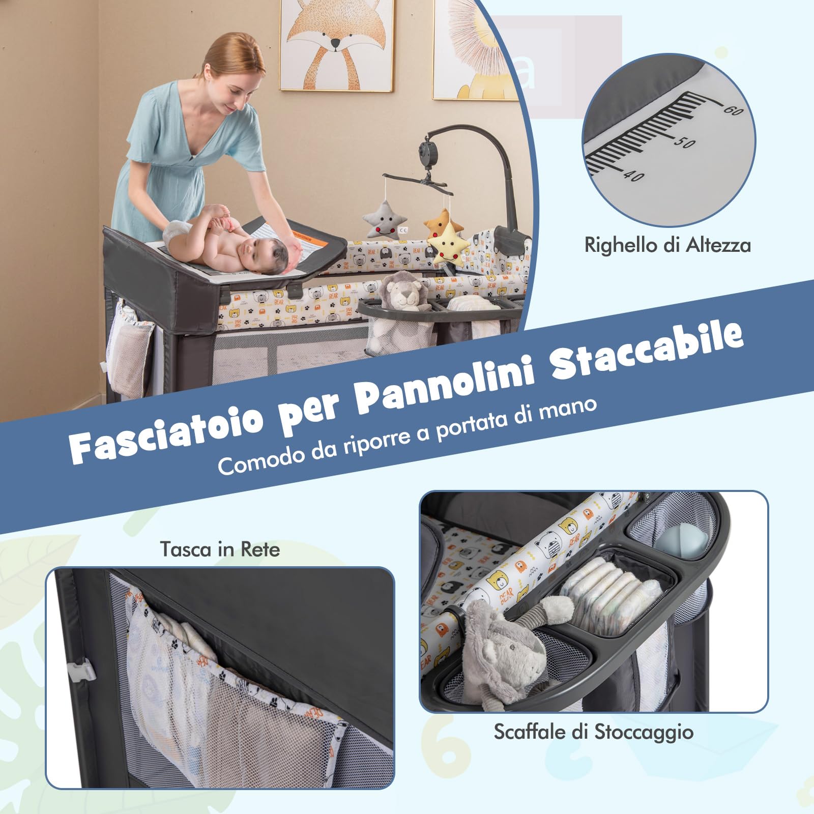 COSTWAY 5 in 1 Lettino Neonato con Materasso, Lettino Campeggio Bambini con Fasciatoio, Portatile e Pieghevole, Altezza Regolabile in 4 Livelli, per Bambini 0-36 Mesi (Grigio+Beige)