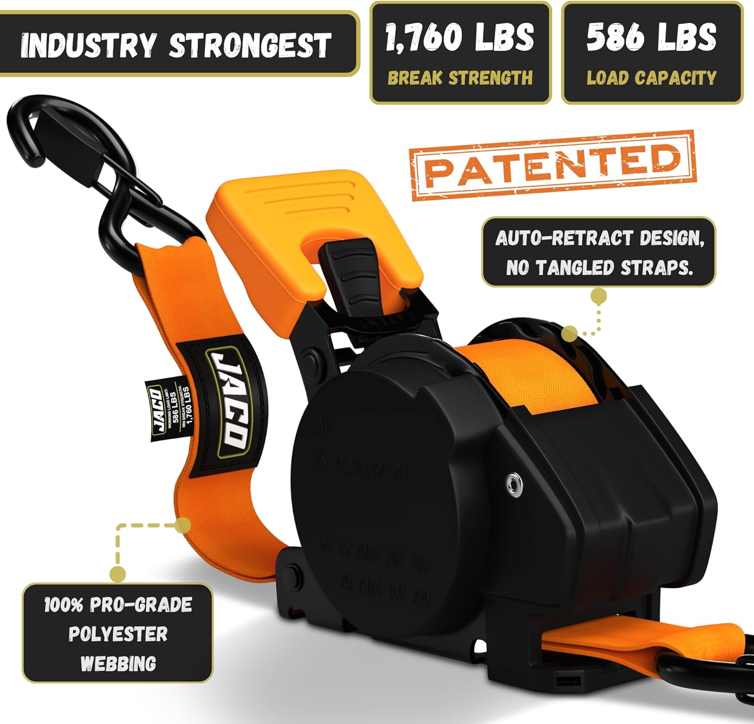 JACO Retractable Ratchet Straps - 1 in x 15 ft (2-Pack) (1,760lb Break Strength) | Auto Self Retracting Cargo Tie Down Strap Set (Orange)
