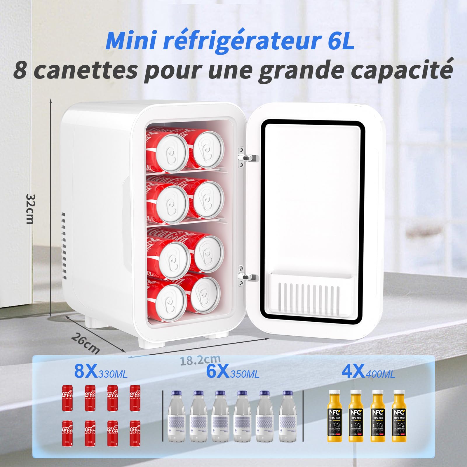 YASHE Mini réfrigérateur 6 litres 8 canettes 220-240 V AC/DC thermoélectrique portable blanc