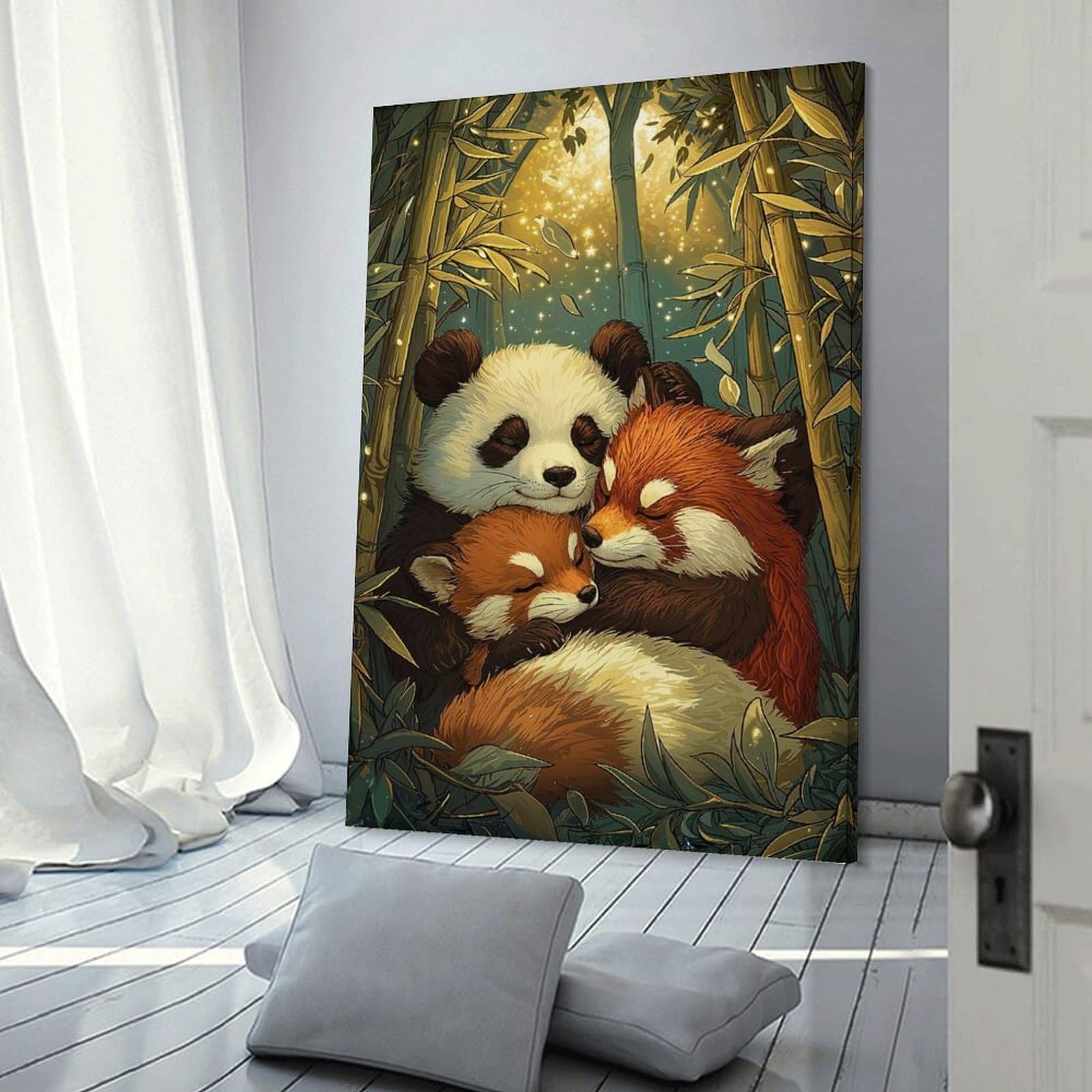 Junmoney Panda And Red Pandas Napping Canvas Wall Decor, 20x30inch(50x75cm), for Apartment Walls, Studios Or Work Areas, Decorative Canvas Decor for Home Updates