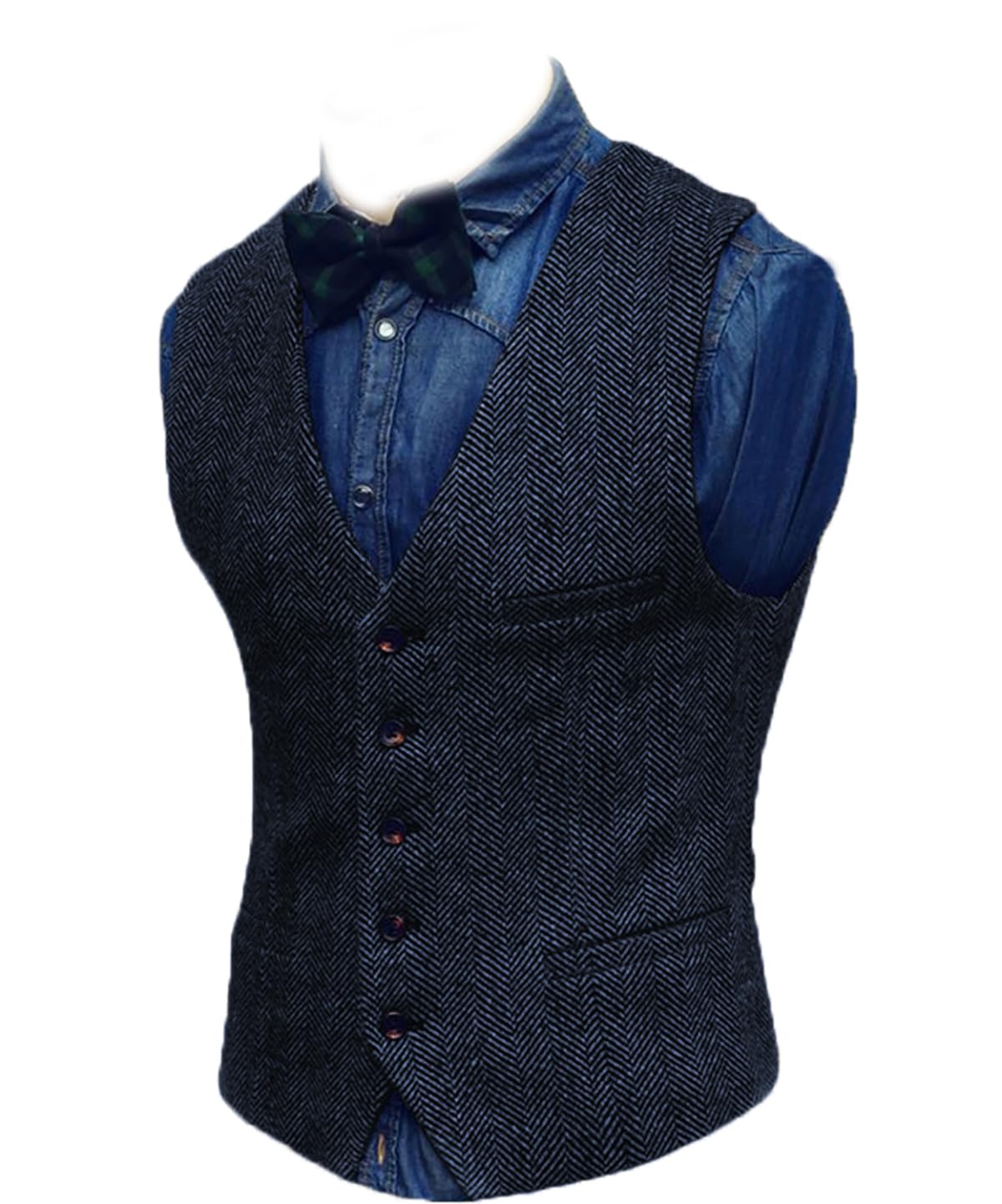Yiaisafa Men's Blue Navy Waistcoat Herringbone Retro Tweed Waistcoats For Waistcoats Suit Vest Vintage Wedding Wool Tuxedo(,M)