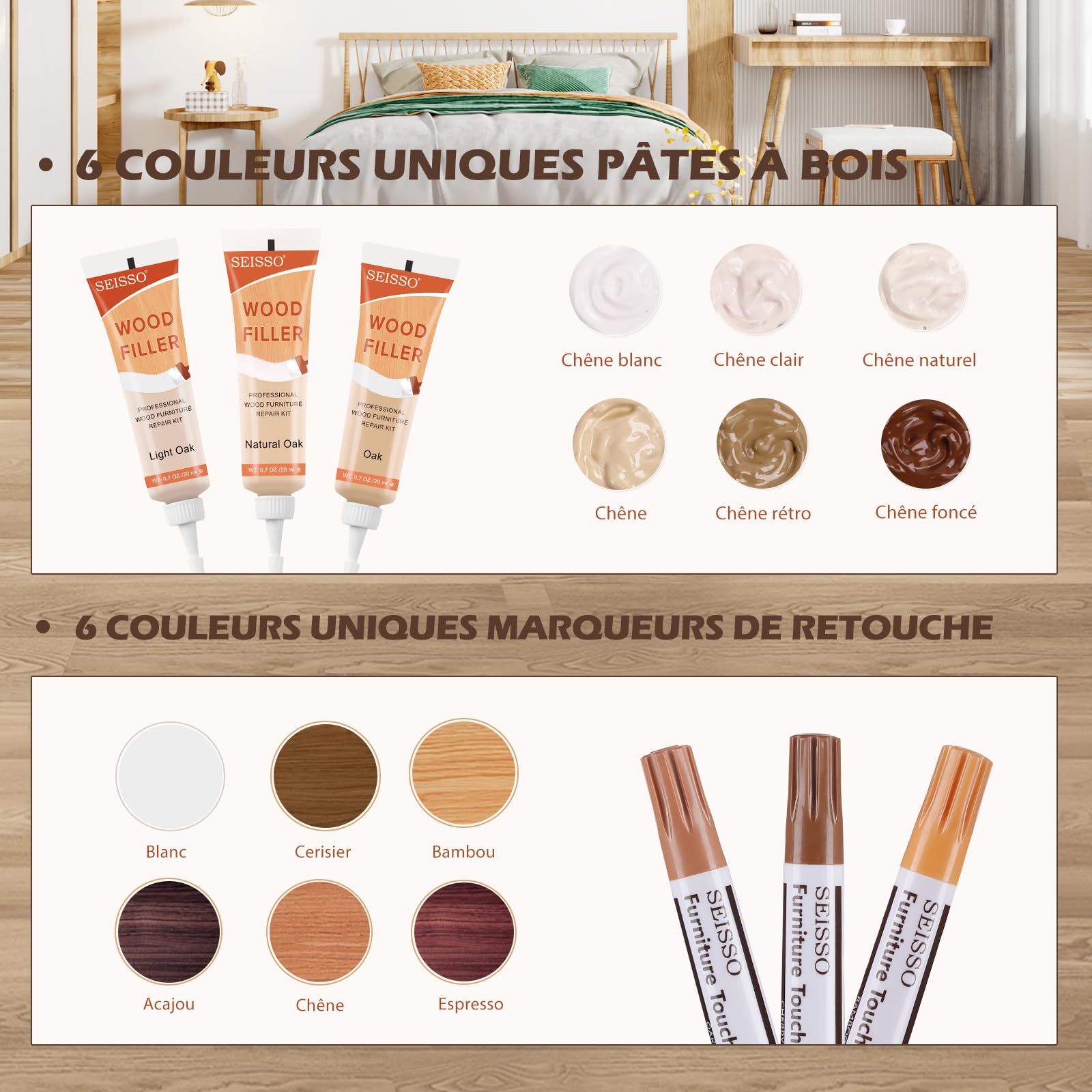 SEISSO Kit de réparation pour stratifié, Mastic pour bois, Kit de réparation pour parquet en bois, Kit de réparation pour meubles pour éraflures, fissures, taches, trous, couleurs passées, etc