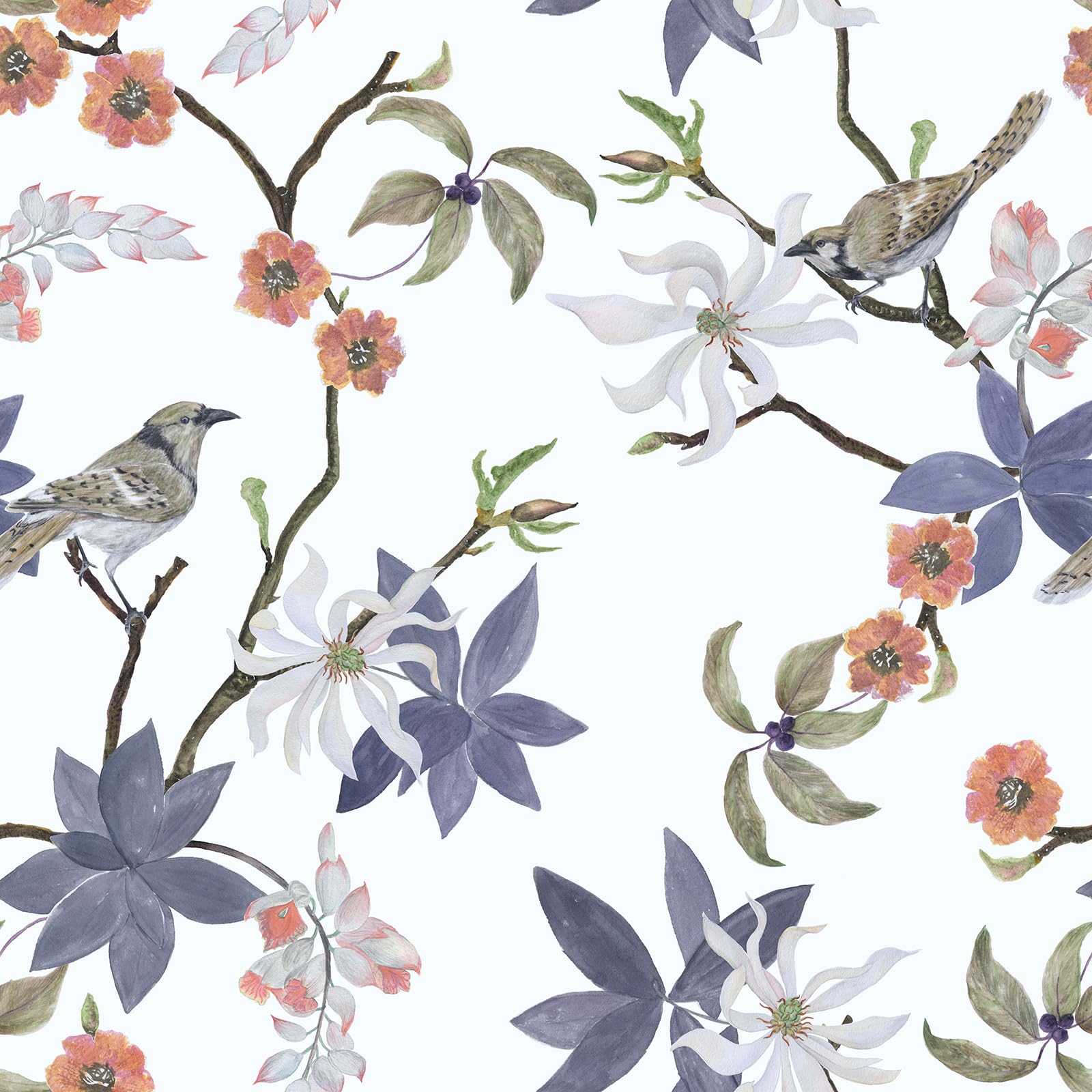 VaryStyle 17.7"x118" Aesthetic Birds Floral Wallpaper Spring Flower Tree Peel and Stick Wallpaper Vintage Colorful Floral Contact Paper Self Adhesive