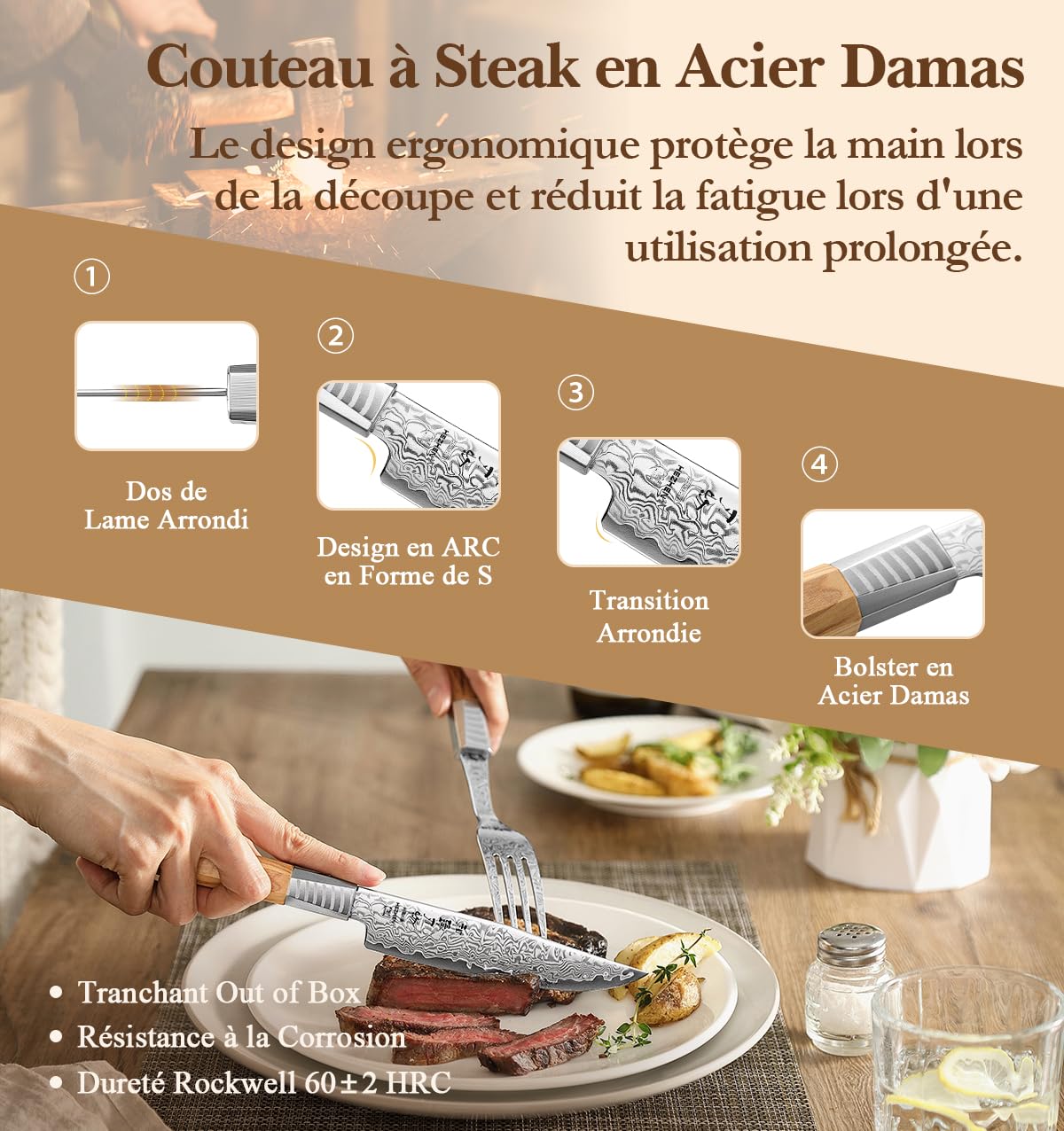 HEZHEN Set de Couverts 2 Pièces, Ensemble de Couteaux à Steak Damas | Inclut des Couteaux à Steak et Fourchettes,Acier Damas à 67 Couches,Manche Octogonal en Bois d'Olivier,pour Couteau de Table