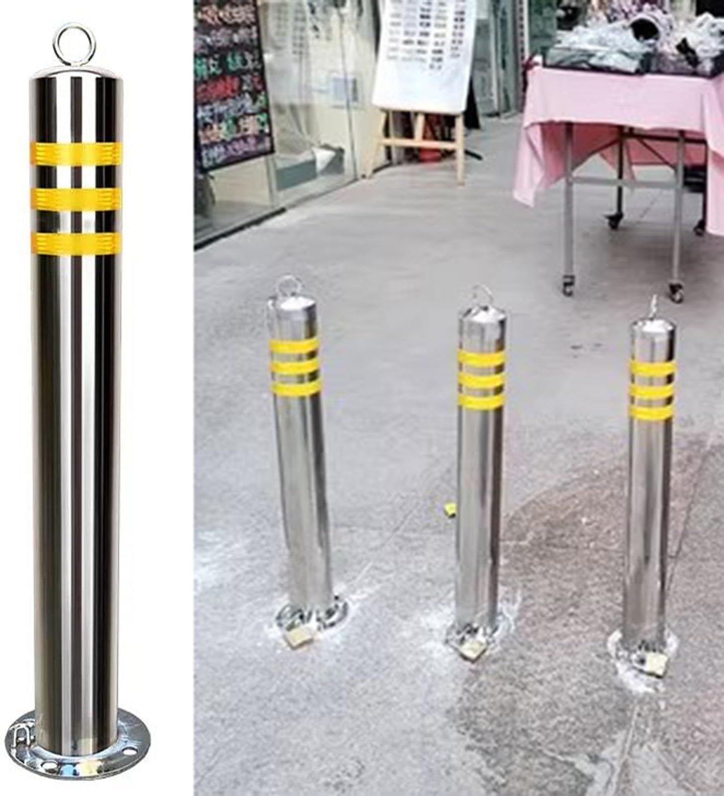 Stainless Steel Parking Bollards for Driveway，Removable Reflective Warning Traffic Delineator Post with Expansion Bolts & Lock, for Streets