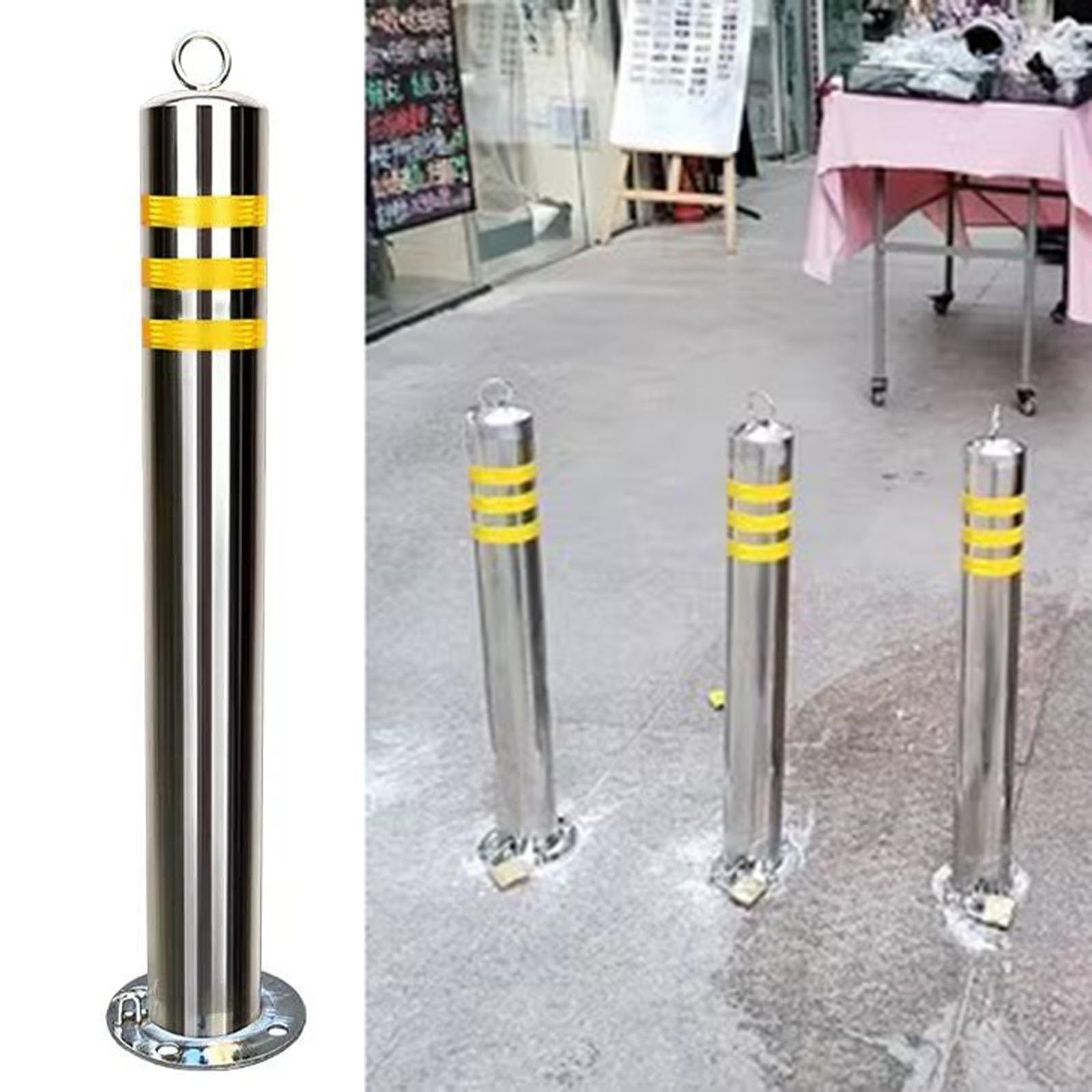Stainless Steel Parking Bollards for Driveway，Removable Reflective Warning Traffic Delineator Post with Expansion Bolts & Lock, for Streets