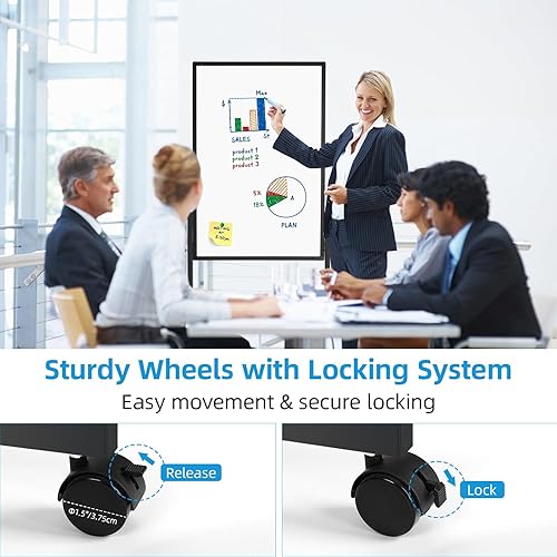 Miniatura 6 de Pizarra blanca magnética de doble cara de 40 x 28 pulgadas con soporte, pizarra blanca portátil de altura ajustable sobre ruedas, pizarra blanca