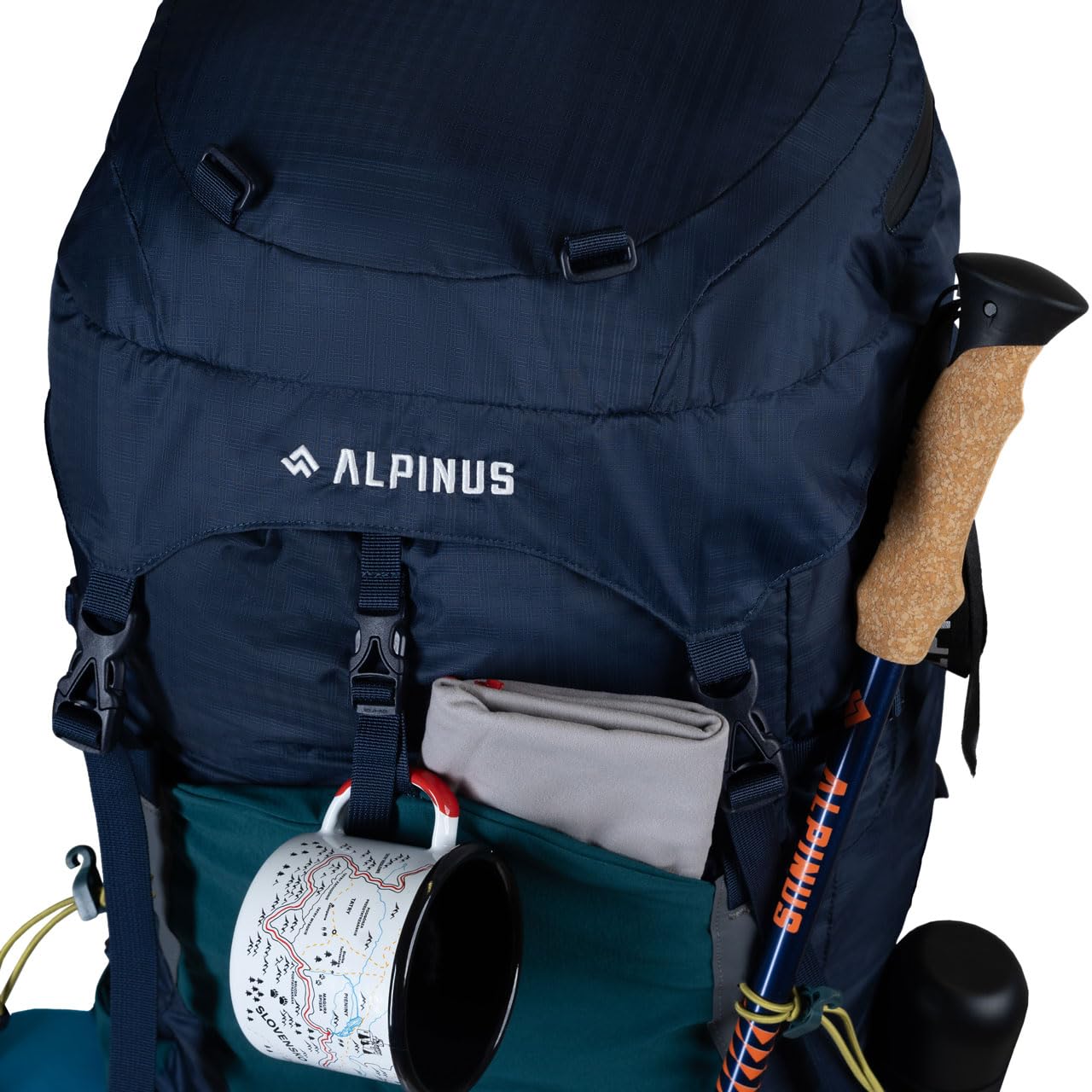 Alpinus - Plecak Turystyczny Woodpecker 70 PO11731, Plecak Trekkingowy Wodoodoporny, Aluminiowy Stelaż - granatowo-zielony