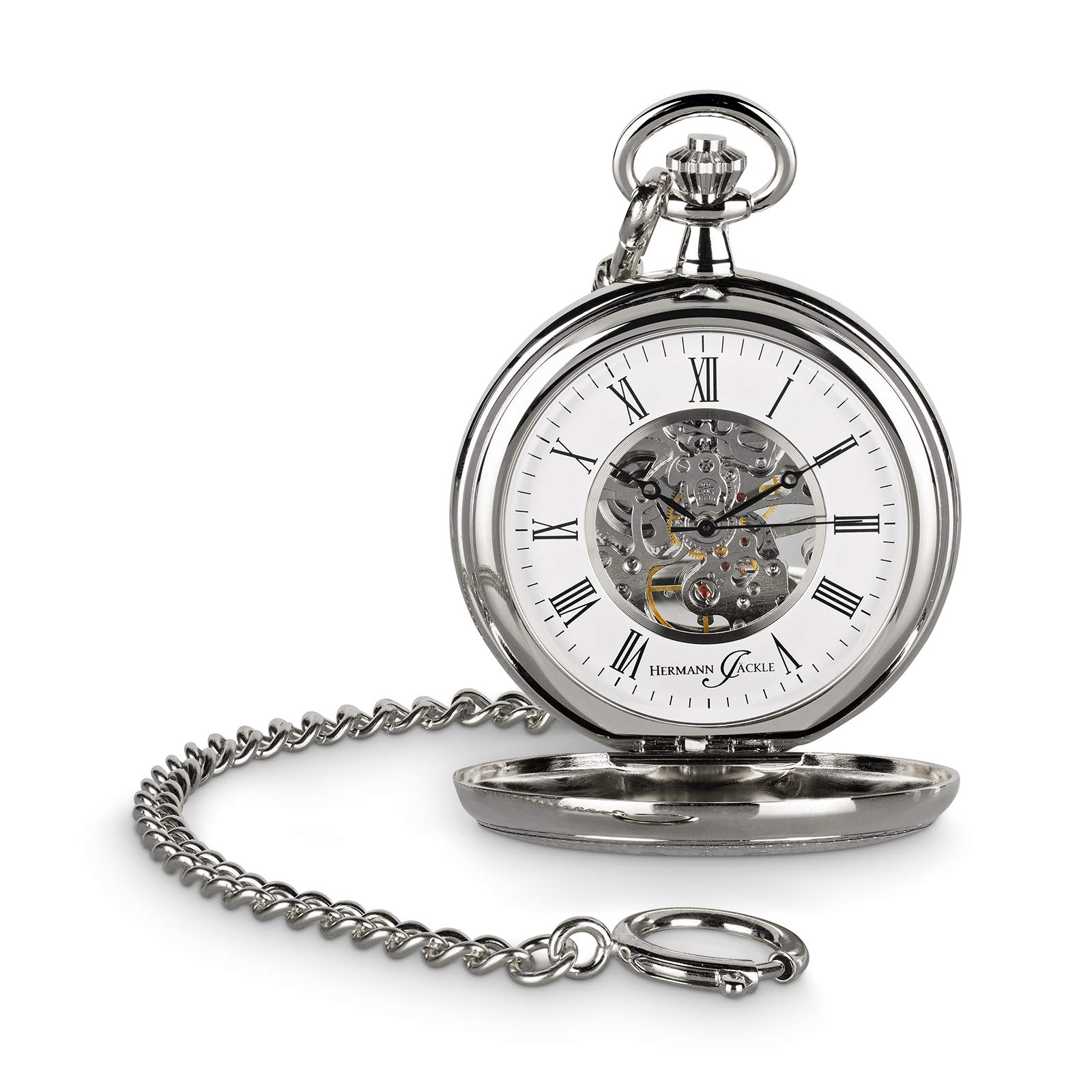 Hermann Jäckle Herren Taschenuhr Bayreuth Skelett 50 mm | Handaufzugswerk, Double Hunter Gehäuse, Skelett-Design, römische Ziffern, inklusive Kette und Reiseetui