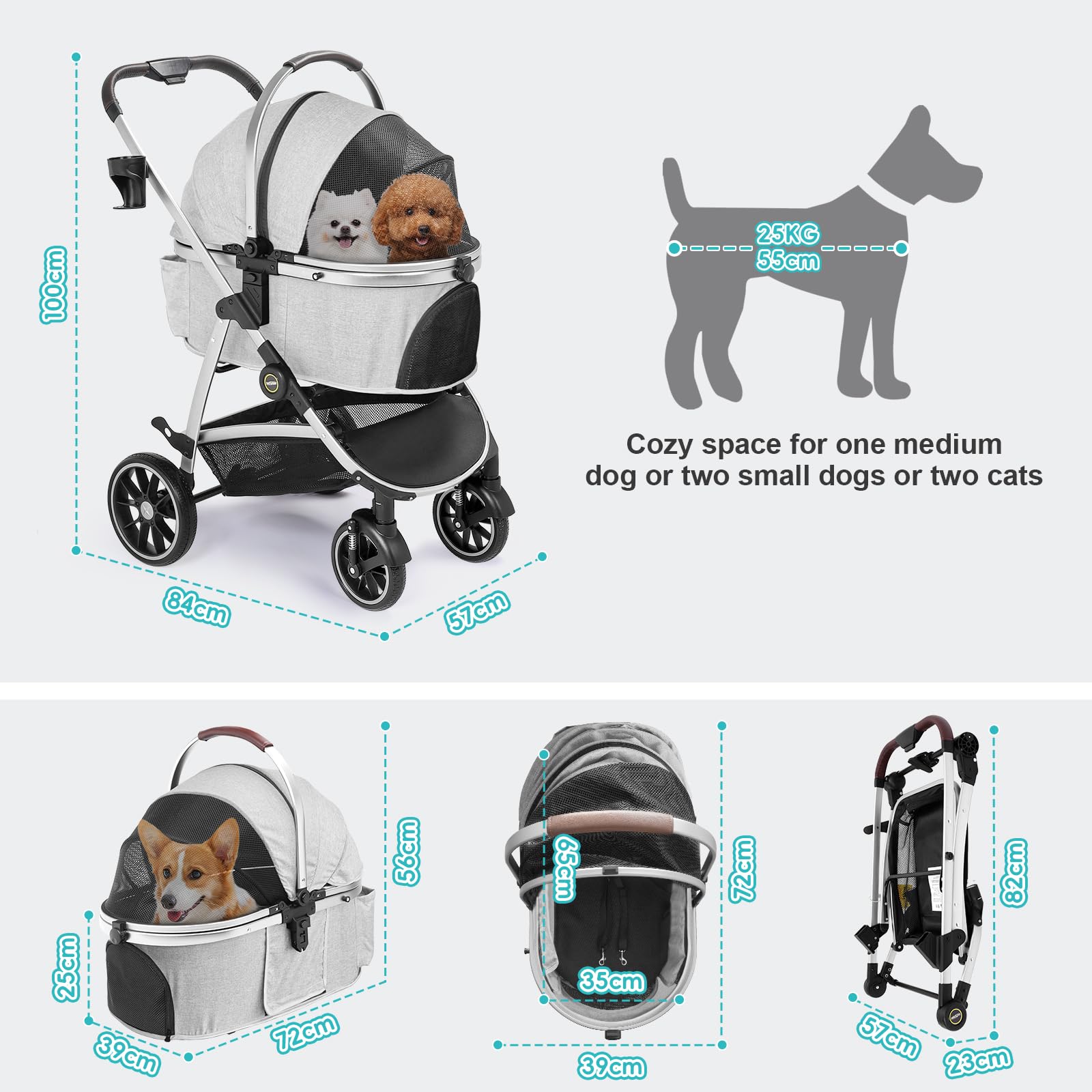 DAISTERN Passeggino per Cani 4 in 1 fino 25 Kg,Telaio in alluminio anodizzato 100% pieghevole,ruote gomma schiumosa 360°,Staccabili,adatto per cani e gatti di medie e piccole taglie, Grigio