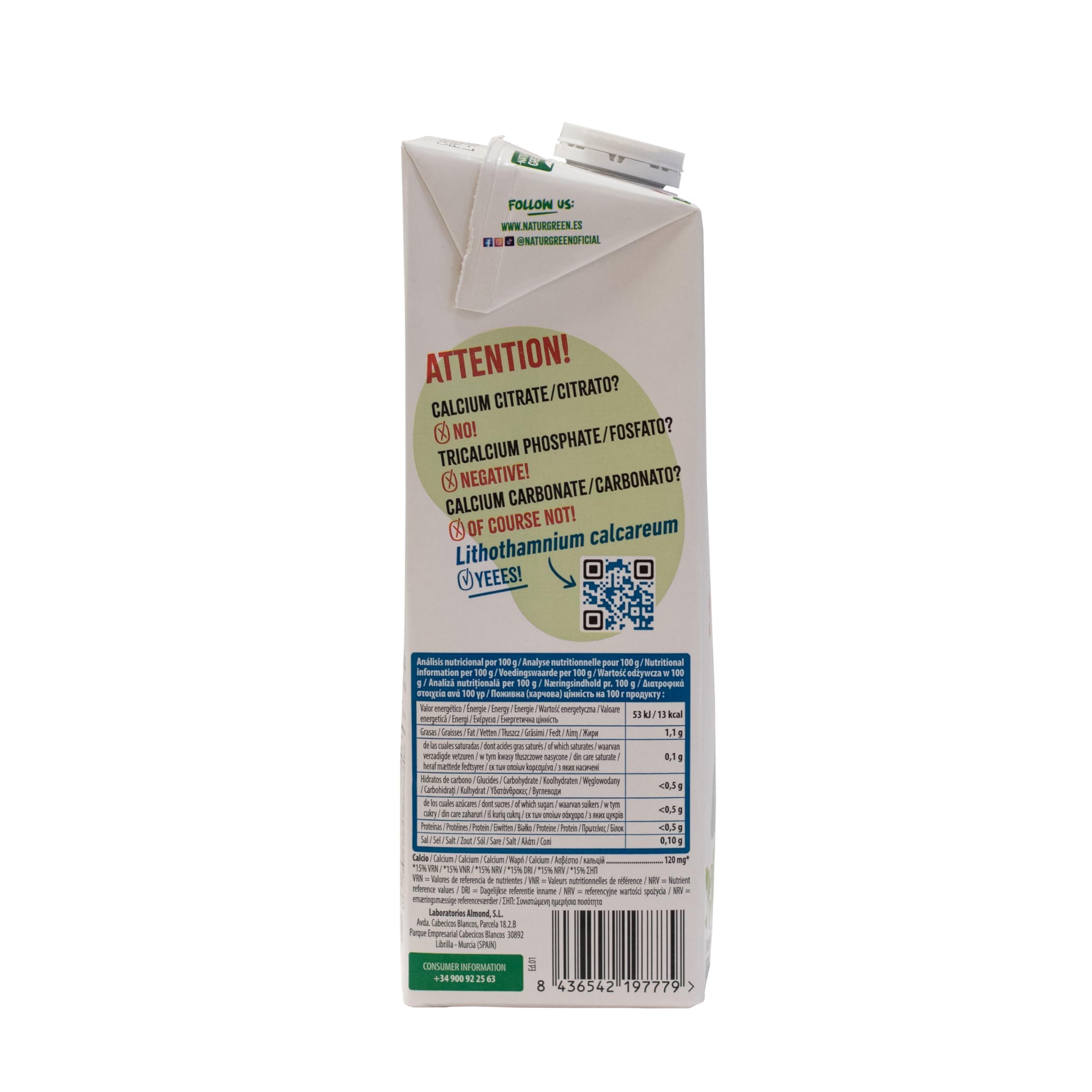 NaturGreen - Almond Calcium Sin Azúcar, Bebida Vegetal de Almendra sin Azúcares y con Calcio Añadido, 100% Vegano, Sin Soja, Sin Gluten, Sin Lactosa - 1L