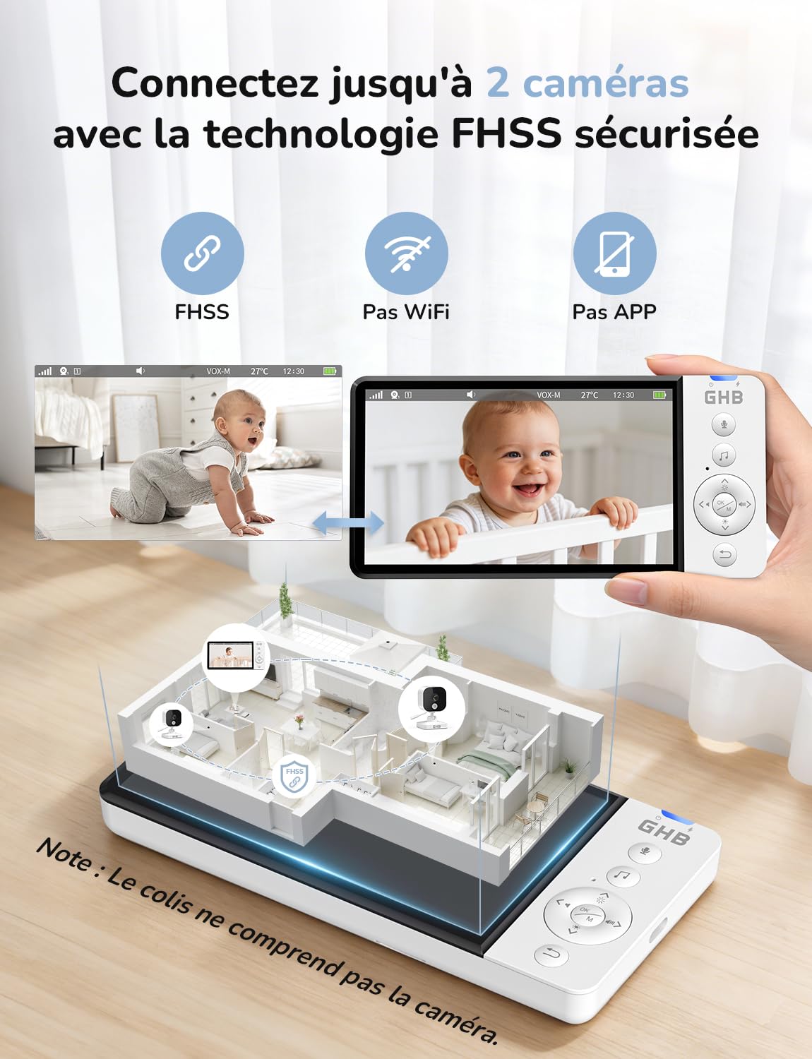 GHB Babyphone Camera Bebe Surveillance 5" 2,4 GHz 8 Berceuses Babyphones sans WiFi Baby Phone avec Camera VOX Mode Capteur de Température Communication Bidirectionnelle Vision Nocturne Non Rotation