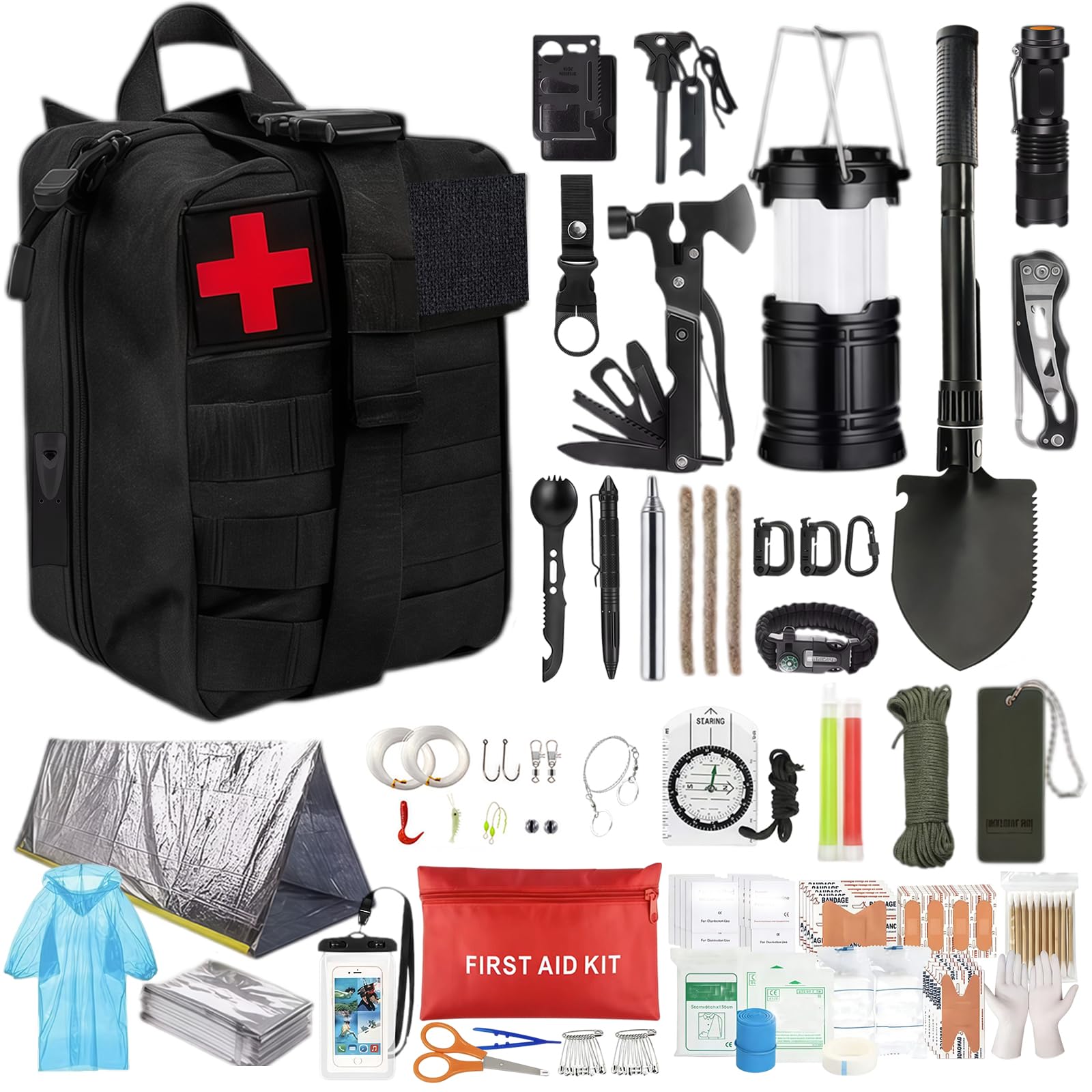 Außen Survival Kit, 235PCS Notfall Ausrüstung mit Erste Hilfe Set | Survival Ausrüstung mit Multitool Hammer Axt, Camping Zubehör, Klappspaten, Geschenke für Männer Camping, Abenteuer, Wandern