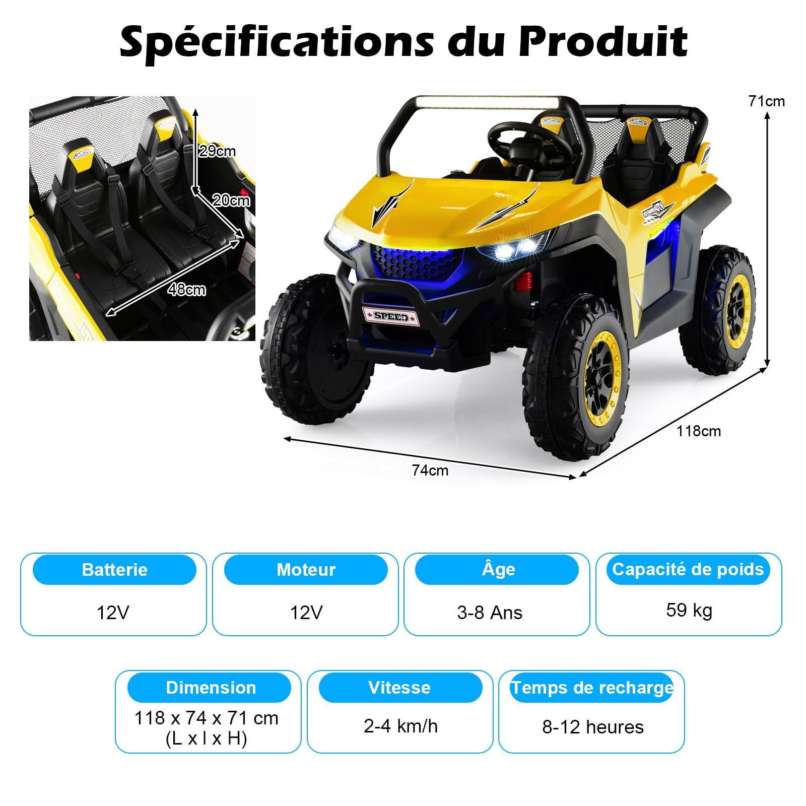 DREAMADE Voiture Électrique 12V pour Enfant, 2 Modes de Conduite, avec Télécommande Effets Sonores Lumineux, Véhicule Tout Terrain avec 2 Sièges pour Enfant 3-8 Ans, Charge 59kg, 118x74x71cm (Jaune)