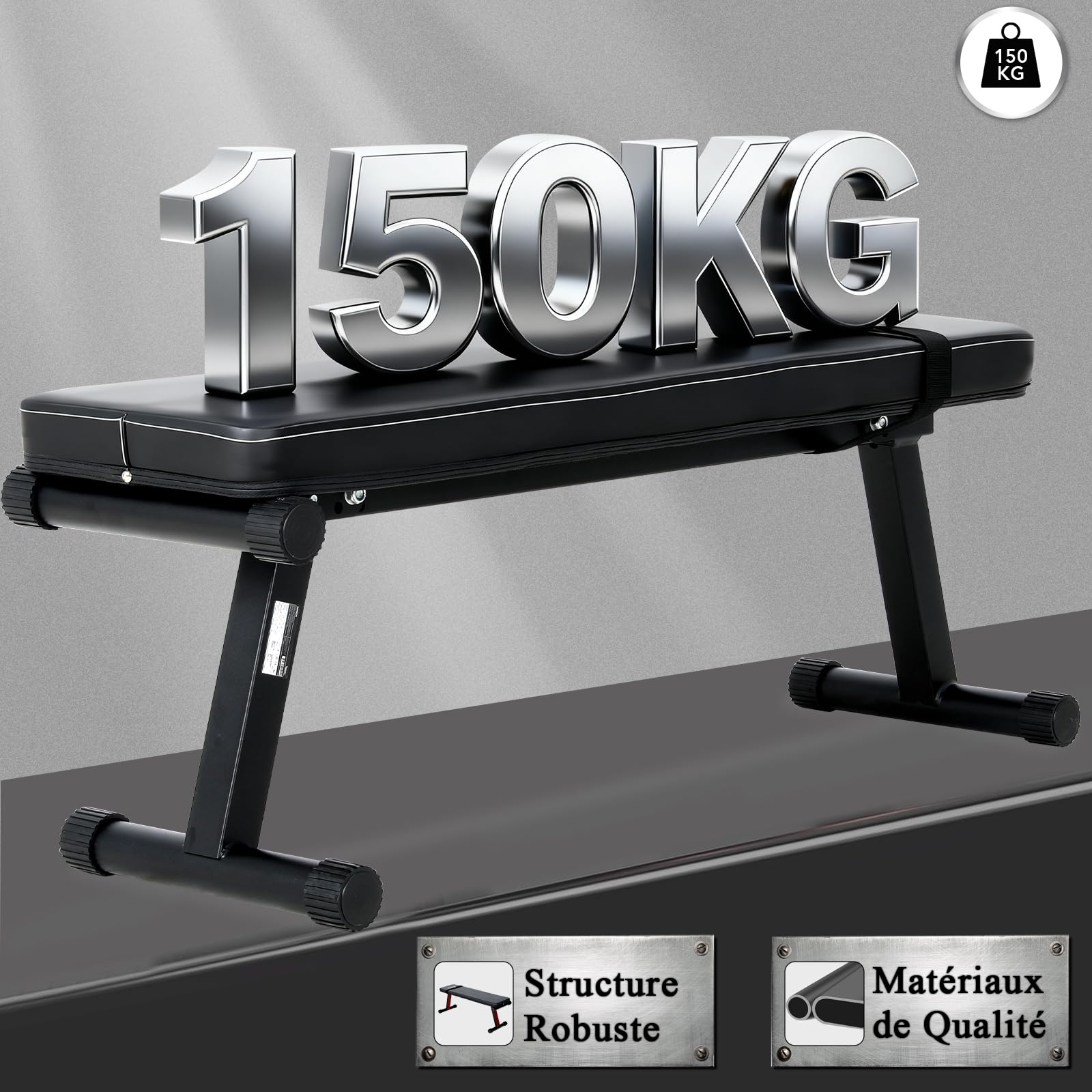 Banc Plat, Banc de Musculation Pliable, Banc d'Entraînement Pliable, Banc Musculation Inclinable Multifonctionnel Réglable, Banc de Muscu Abdominaux/Dos/Lombaire Inclinable, ChargeMax.150KG