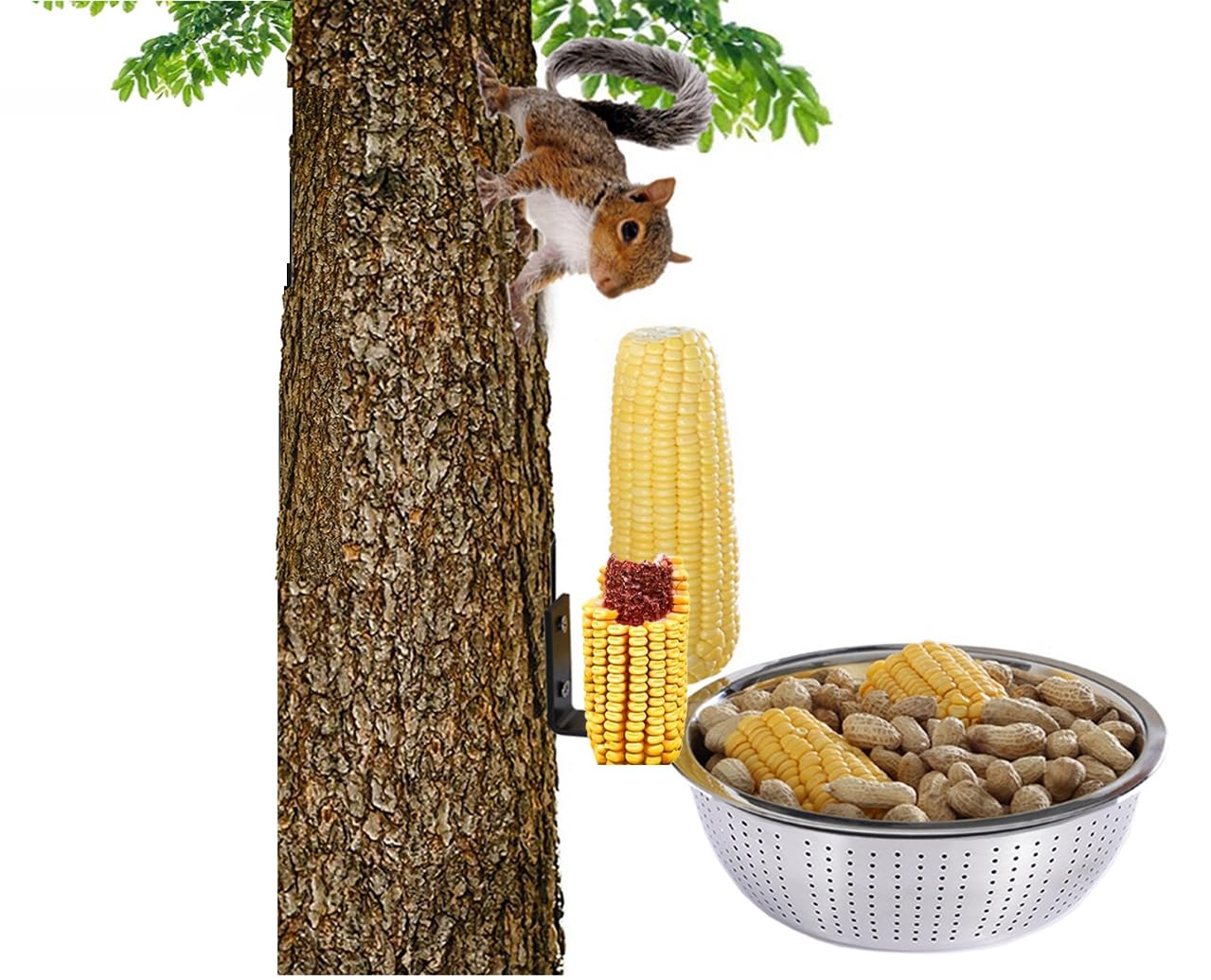 Karshall Tree Mounted Squirrel Feeder with 2 Corn Cob Holders, Removable Metal Bowl Squirrel Feeders for Outside with Drainage Holes, Sturdy Metal Structure Use Longer and More Food Choice-Easy Clean