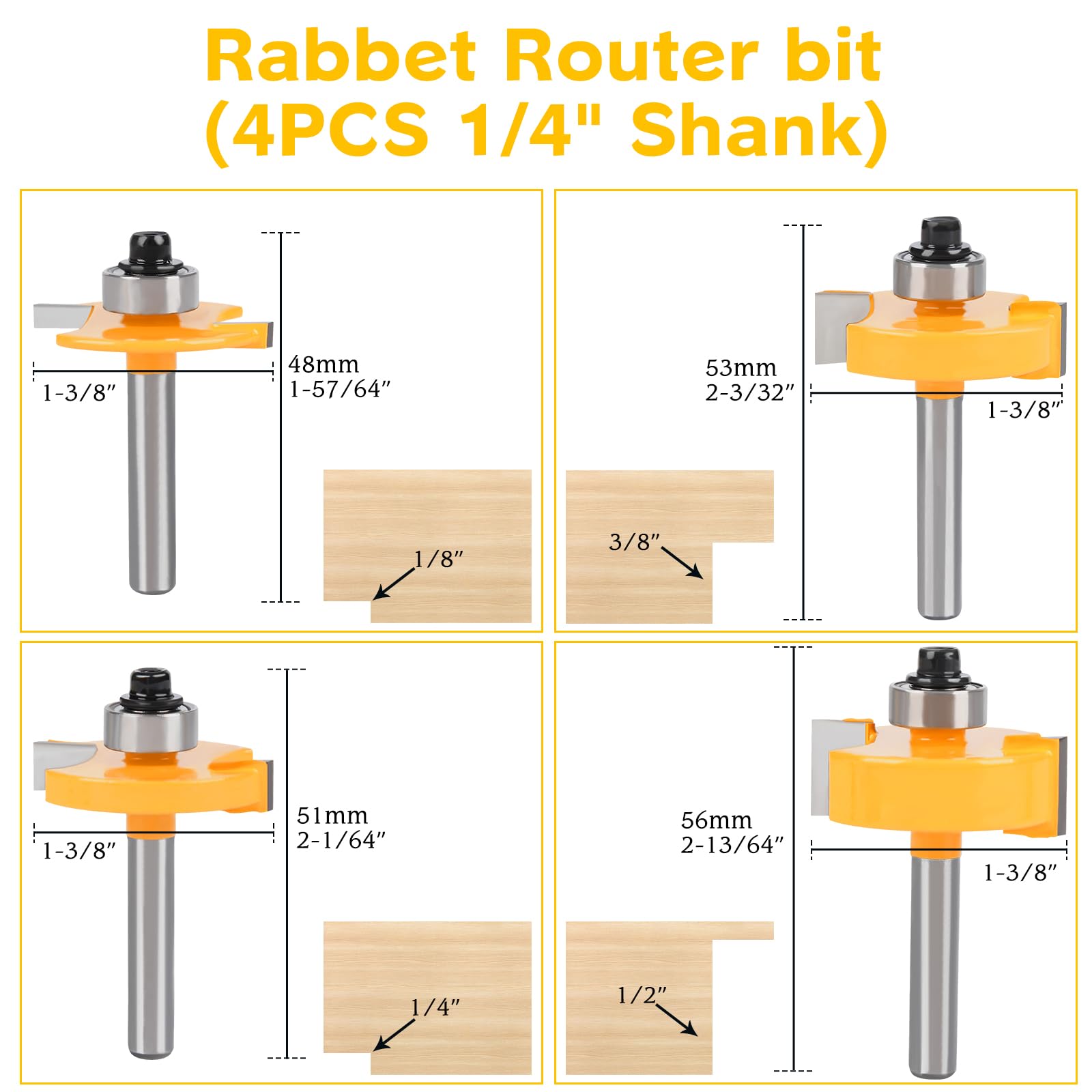 Rabbet Router Bit Set - 6 Bearings, Smooth Cuts -2