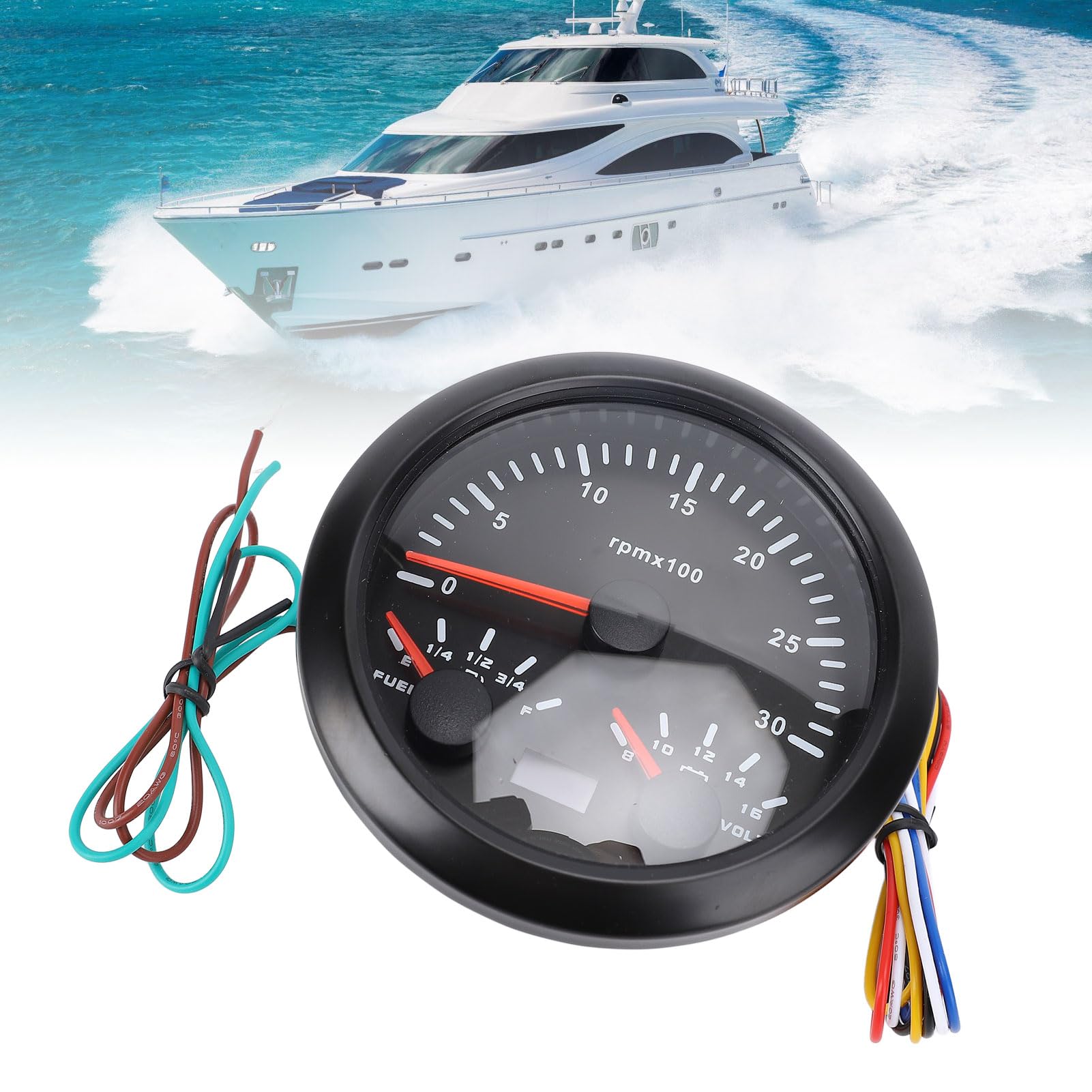 Tachometro Marino 85 Mm, Calibro Voltmetro del Carburante 3 in 1 con la Retroilluminazione di 7 Colori per la Barca per per Auto per Camion, Adatto Alla (Black Dial Black
