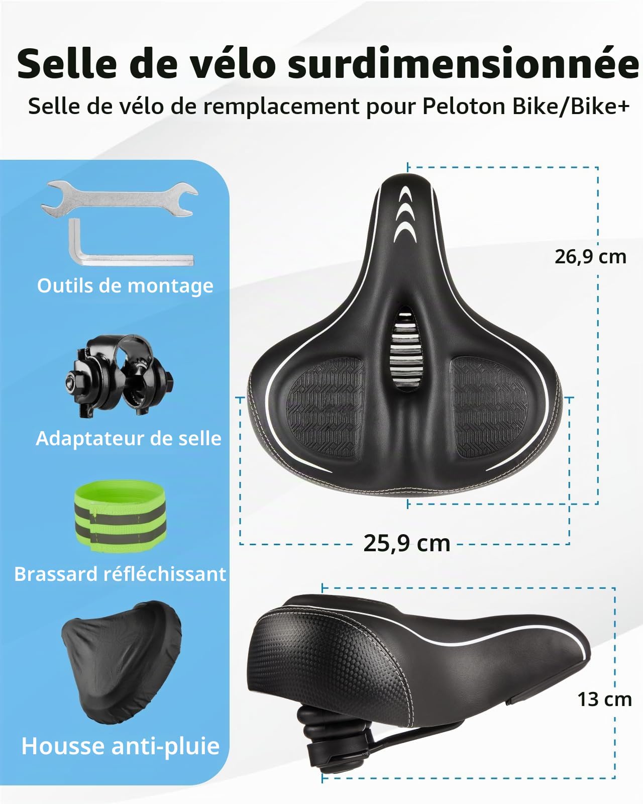 Fitense Selle de vélo surdimensionnée pour Peloton Bike & Bike+, coussin de siège confortable compatible avec Peloton, vélos de route ou d'appartement, large selle de rechange pour homme et femme,