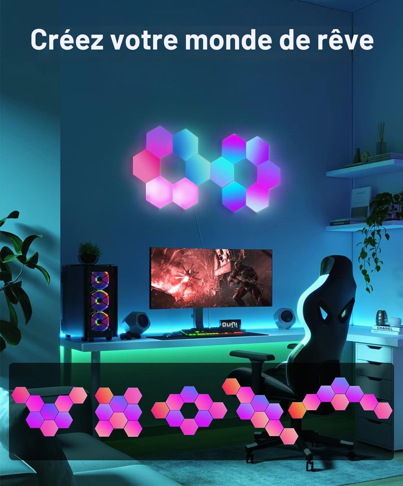 Lot de 10 grandes lumières LED hexagonales pour chambre TV, Smart Home Panneaux LED muraux RGBIC Setup Gaming Décoration Fonctionne avec Alexa Google Assistant, Contrôle vocal/App, Synchronisation