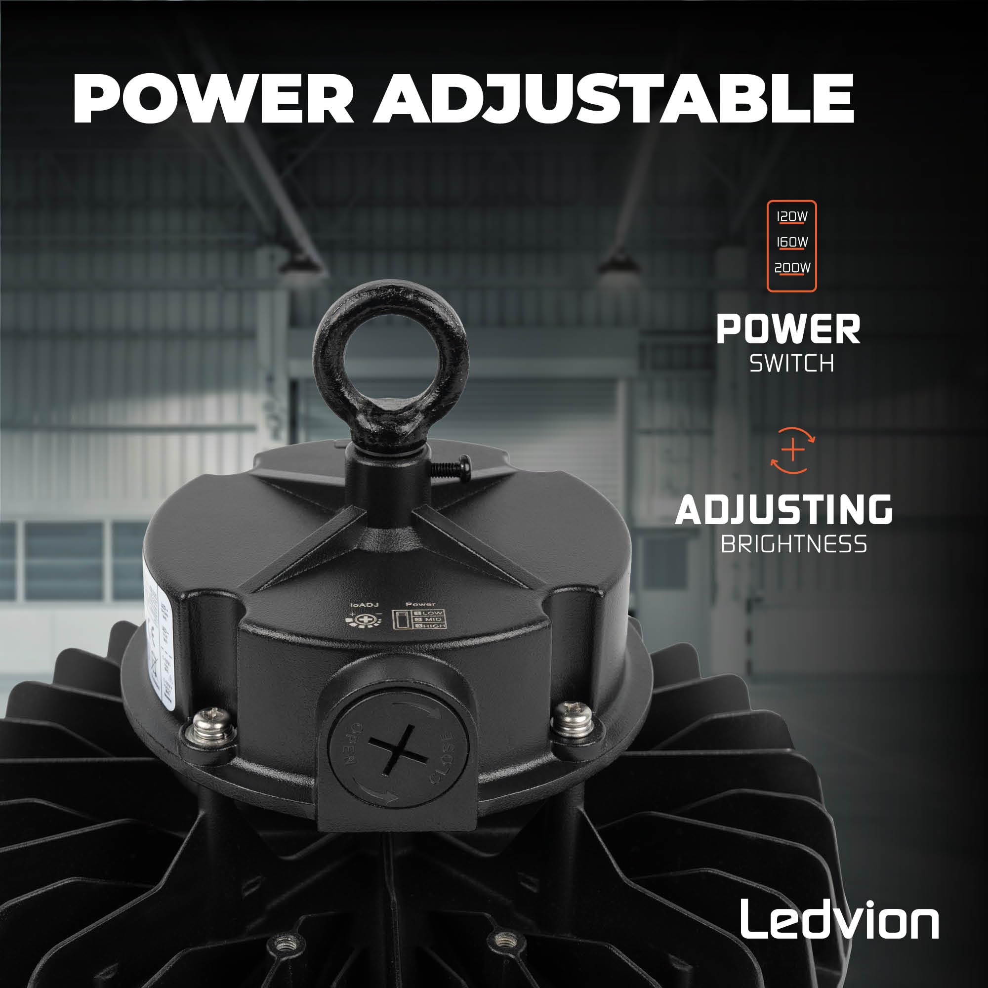 Ledvion - LED Hallenstrahler inkl. Leistungsschalter 120-160-200W, LED werkstatt Deckenleuchte, dimmbar, 175lm/W, 35.000lm, 6500K, IP65, UFO-Hallenstrahler | 175 lm/W, dimmbar in 3 Stufen, IP65, 5 Jahre Garantie