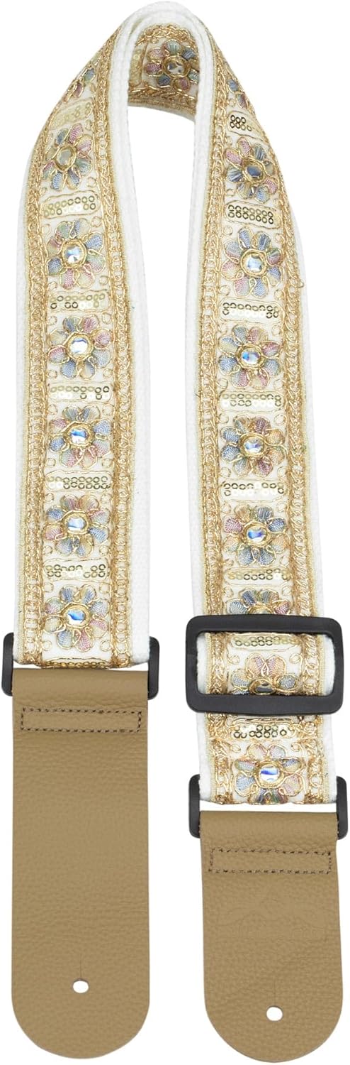 ALLZEDREAM Correa de guitarra, extremos de cuero genuino, diseño original de lentejuelas de encaje, Flor de lentejuelas, Classic