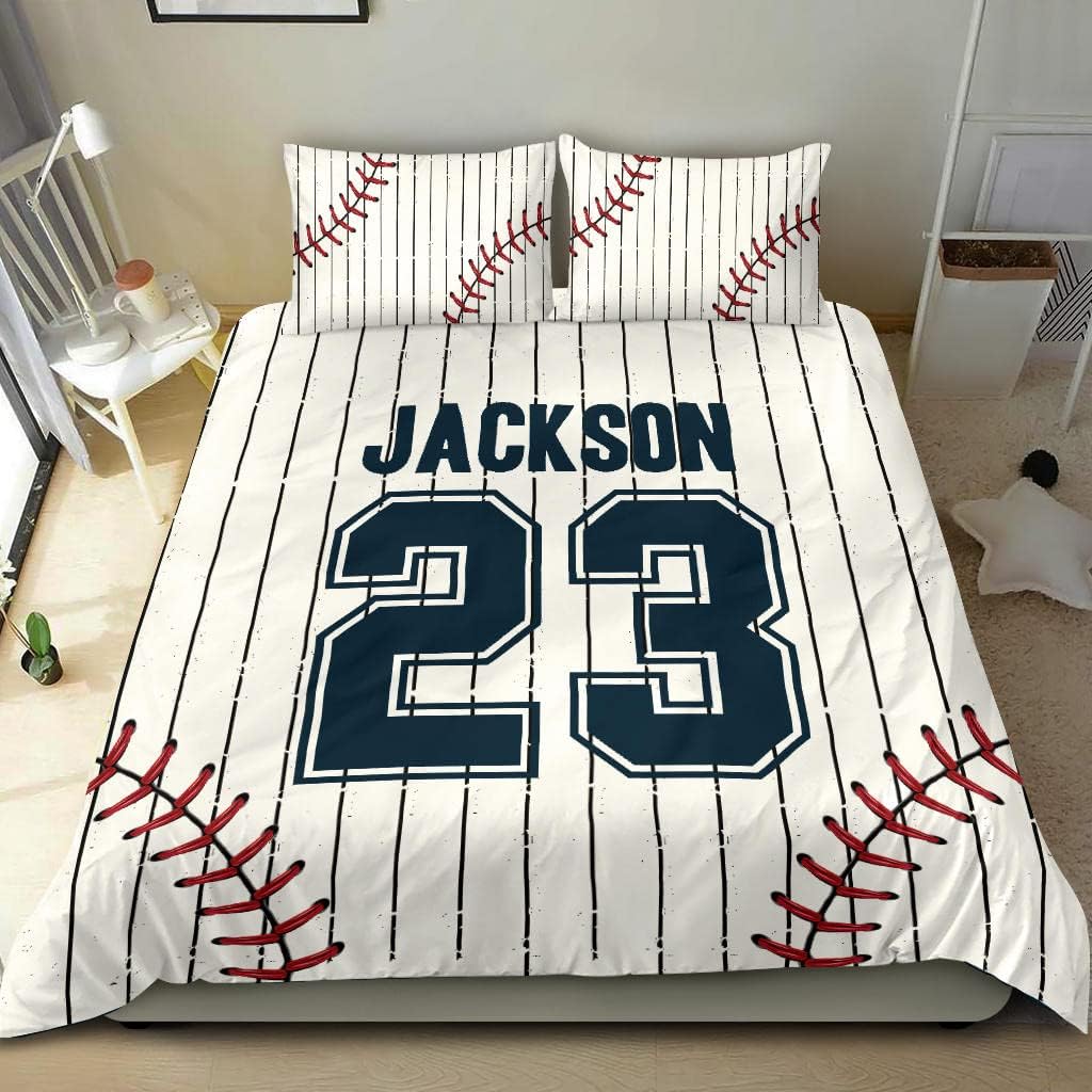 OhaPrints Custom Baseball Shirt Pattern Player Gift White Personalized Name Number Duvet Cover & Pillowcase, Lightweight Duvet Protector Comforter Cover, Twin Full Queen King Size Bedding Bed Set