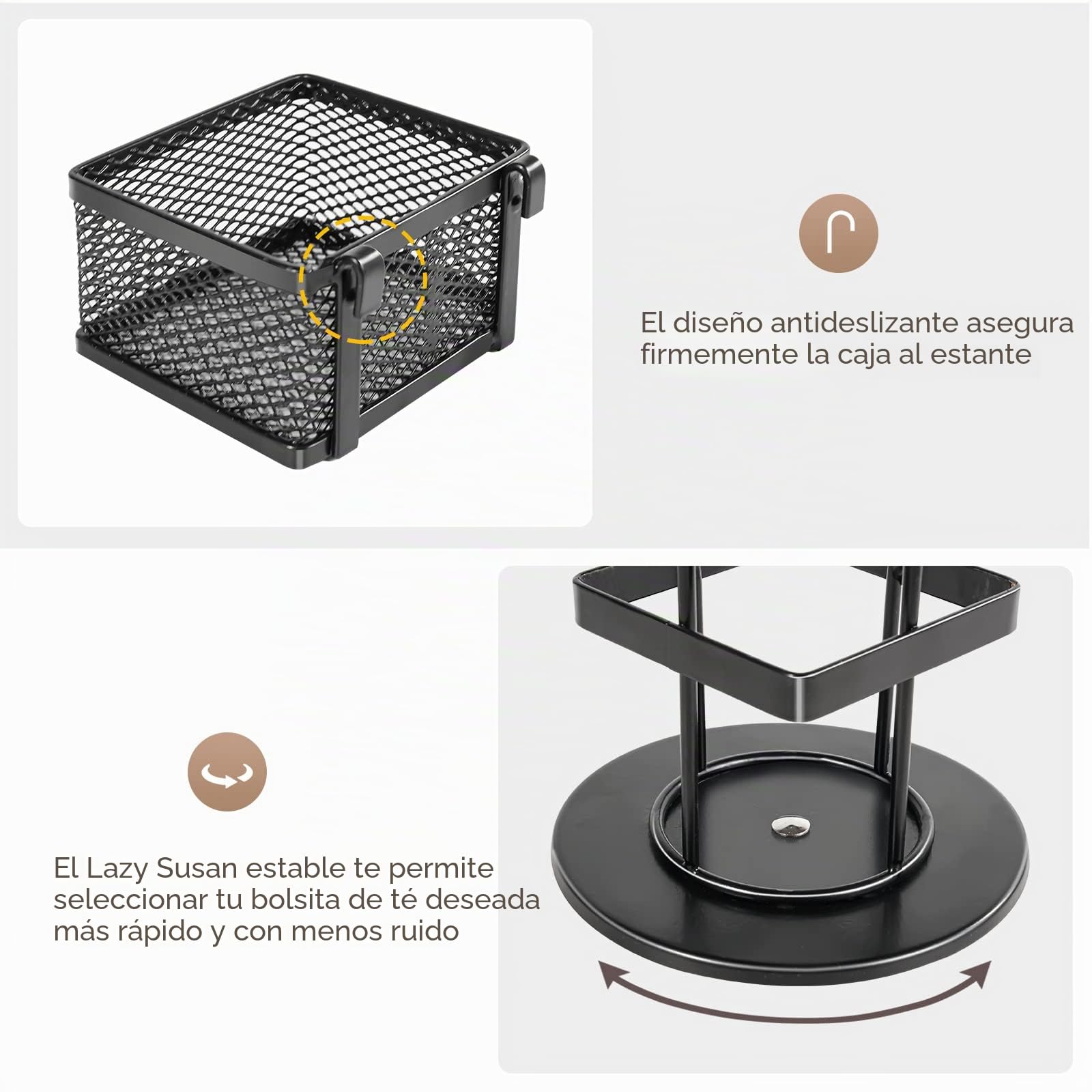 Puricon Organizador de Té, Estante Giratorio 8 Compartimentos para Almacenar Bolsitas de Té e Infusiones de Acero -Negro