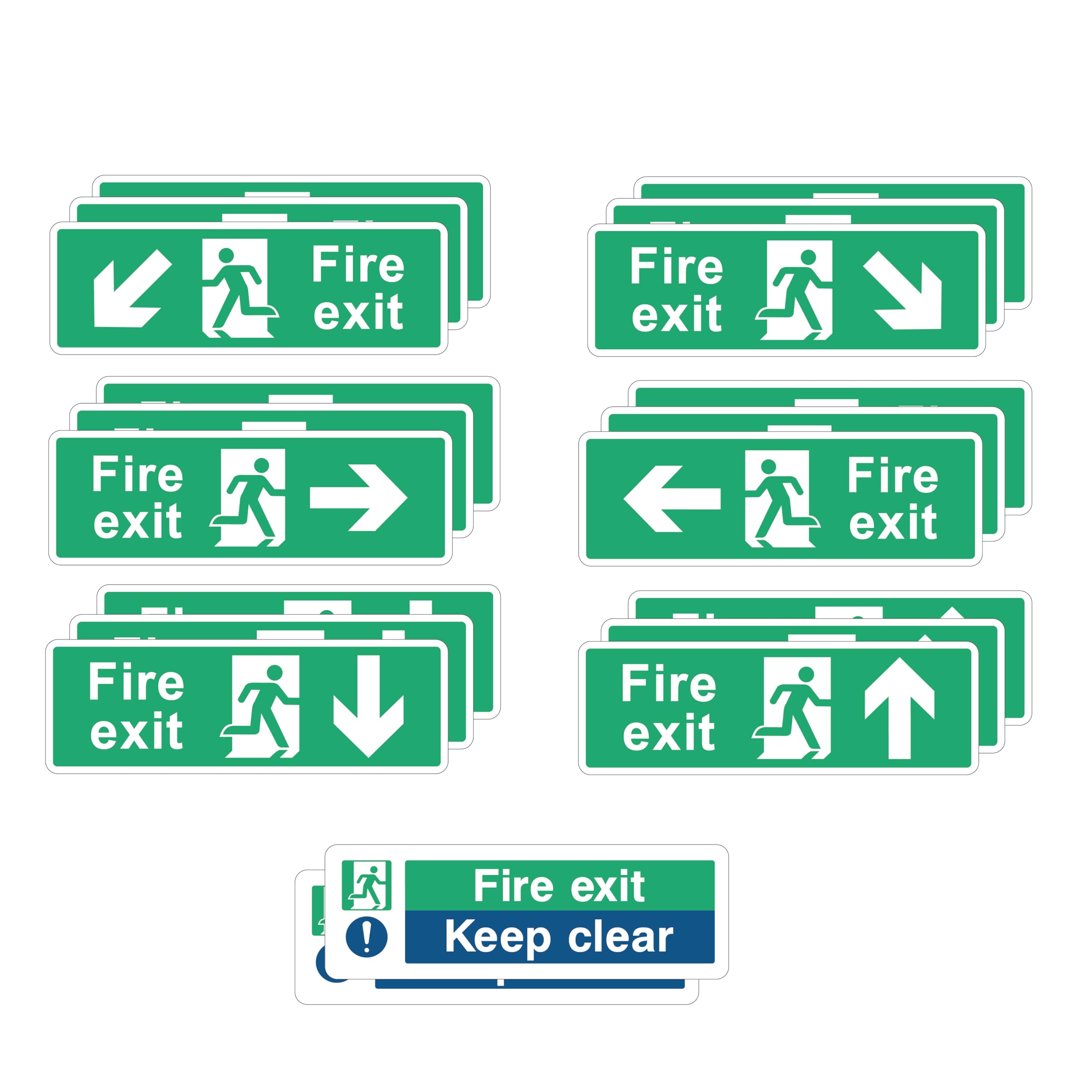 Fire Safety Signs Pack, 20 Signs with Right Arrow, Left Arrow, Up Down, Angle down, Fire Exit, Fire Action Notice, Fire Door Keep Shut, 300 x 100mm, Strong Adhesive
