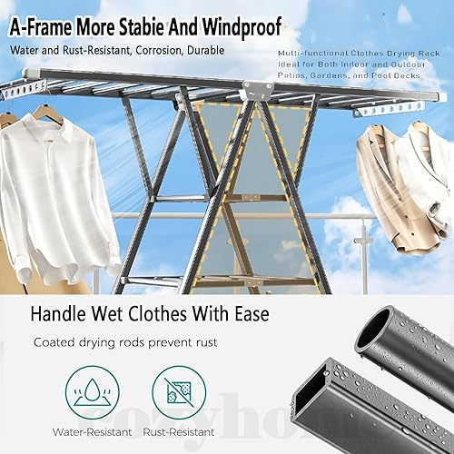 Miniatura 4 de Tendedero plegable de alta resistencia para ropa  71 pulgadas extra grande, soporte para secadora de ropa de metal extra grueso con ruedas, diseño